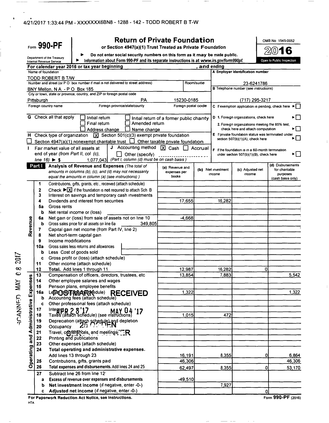 Image of first page of 2016 Form 990PF for Todd Robert B TW