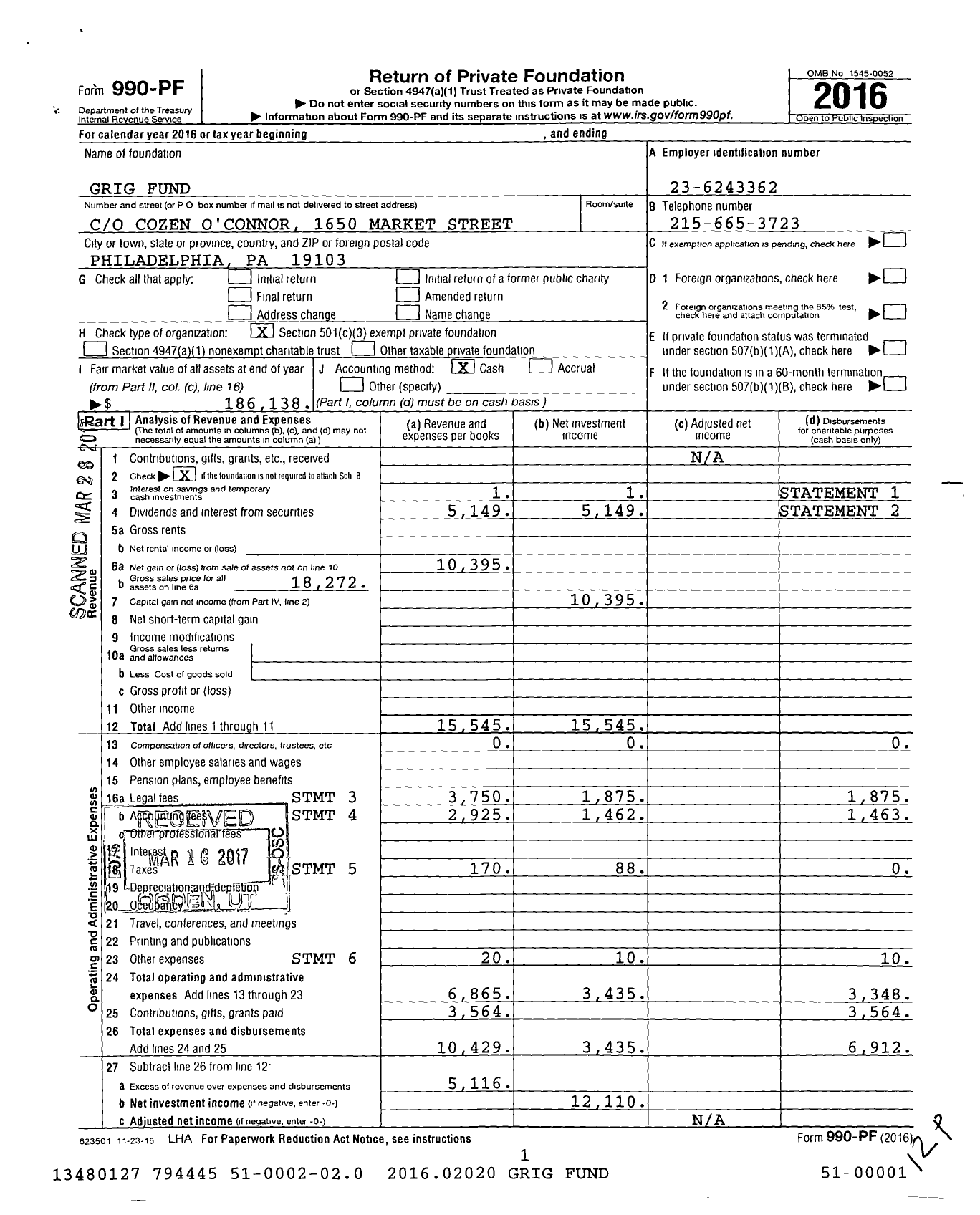 Image of first page of 2016 Form 990PF for Grig Fund