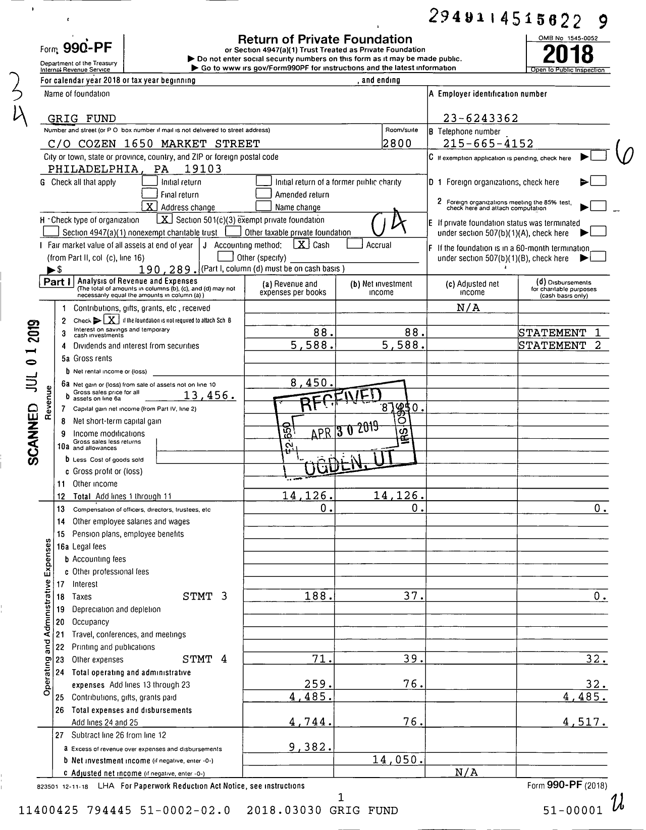 Image of first page of 2018 Form 990PF for Grig Fund