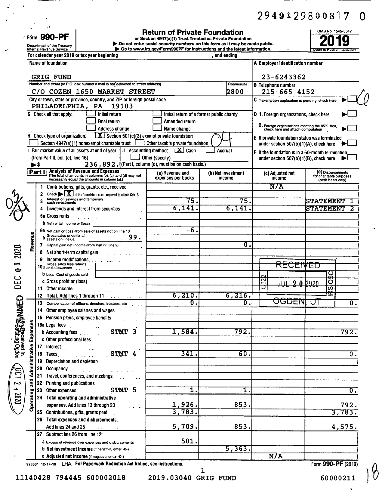 Image of first page of 2019 Form 990PF for Grig Fund