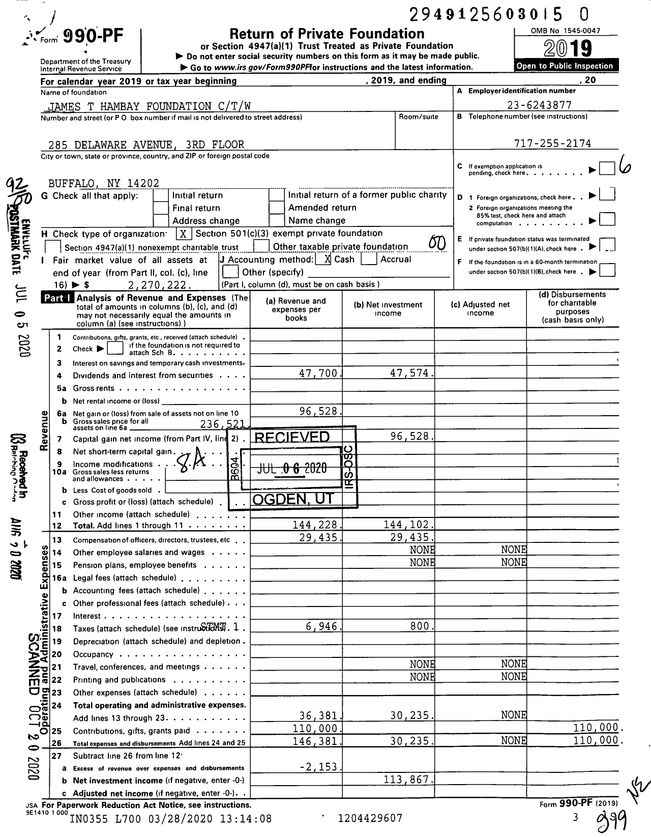 Image of first page of 2019 Form 990PR for James T Hambay Foundation CTW