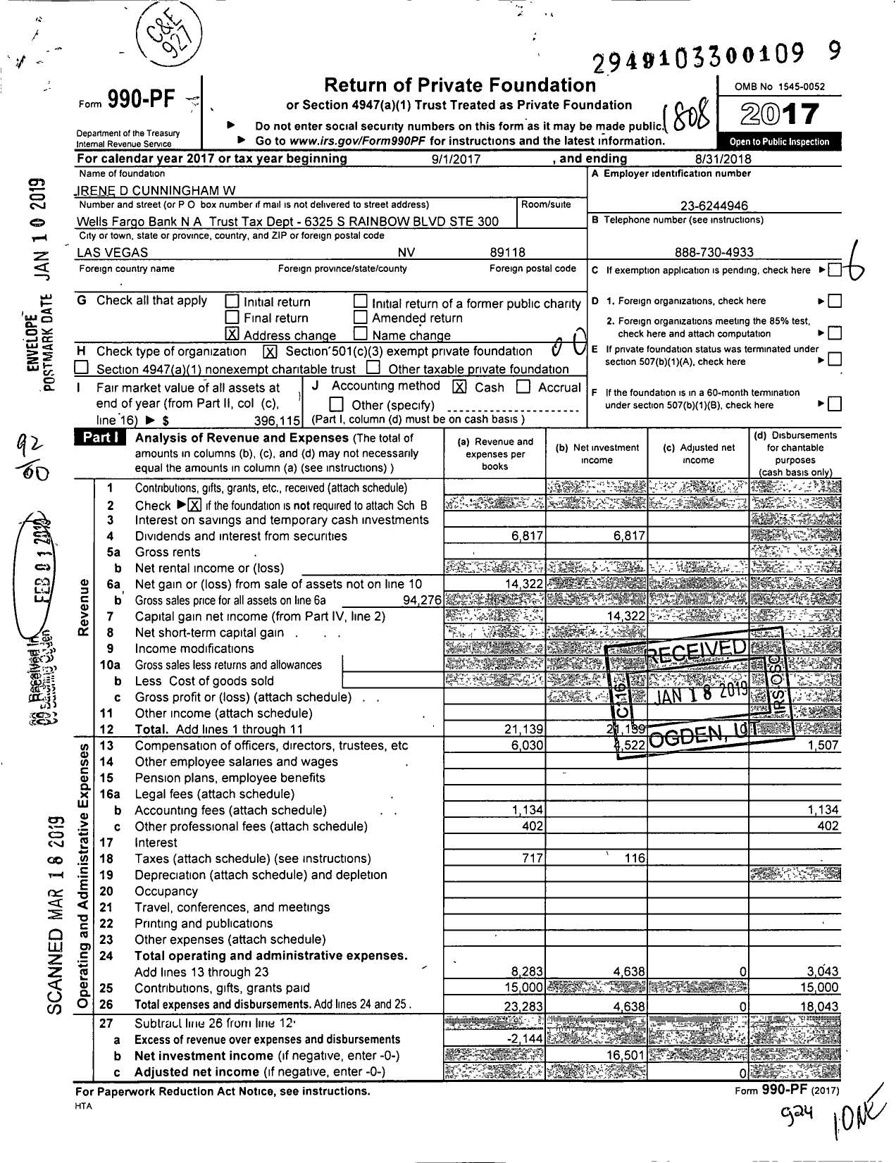 Image of first page of 2017 Form 990PF for Irene D Cunningham W