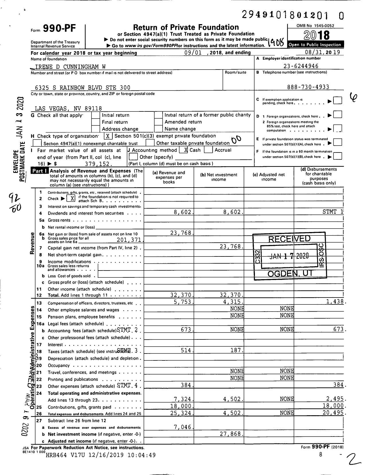 Image of first page of 2018 Form 990PR for Irene D Cunningham W