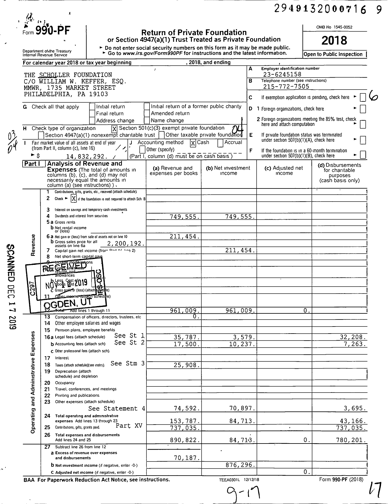 Image of first page of 2018 Form 990PF for The Scholler Foundation