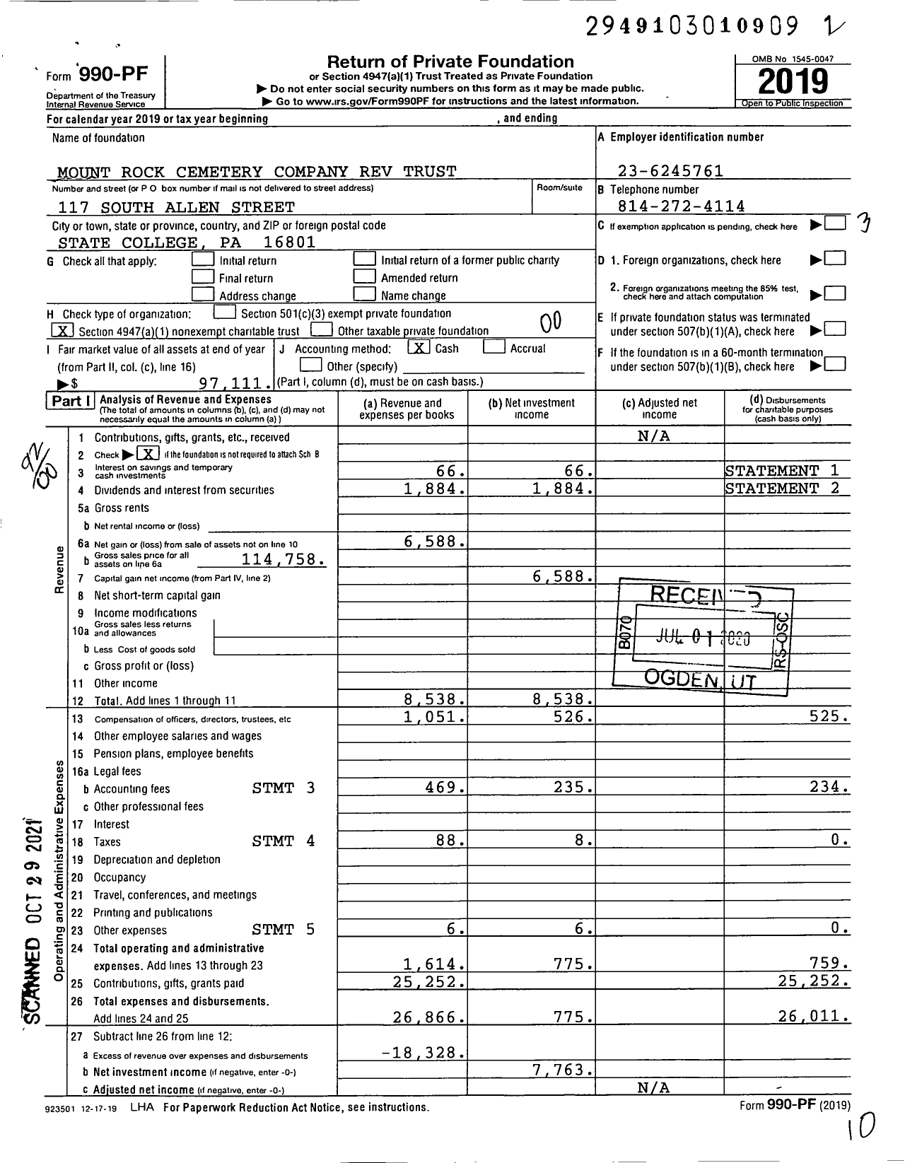 Image of first page of 2019 Form 990PF for Mount Rock Cemetery Company Rev Trust