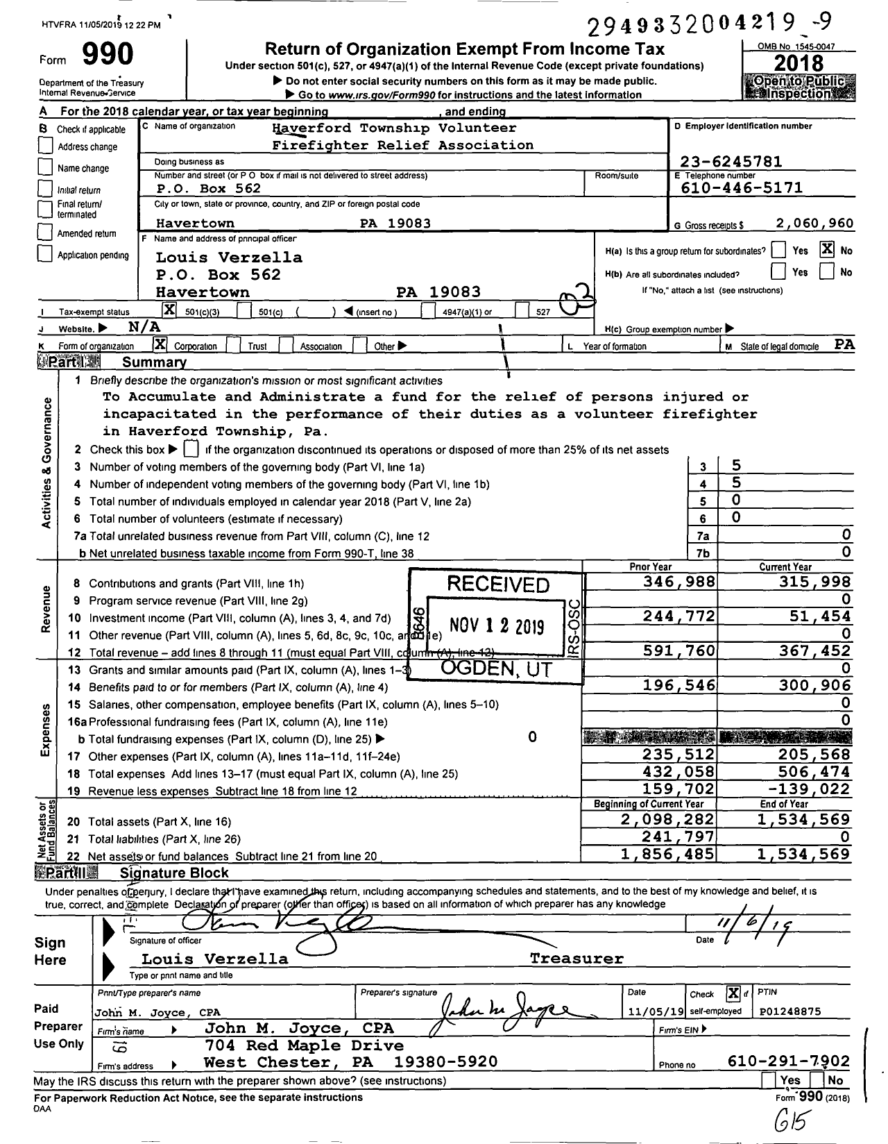 Image of first page of 2018 Form 990 for Haverford Township Volunteer Firemens Relief Association