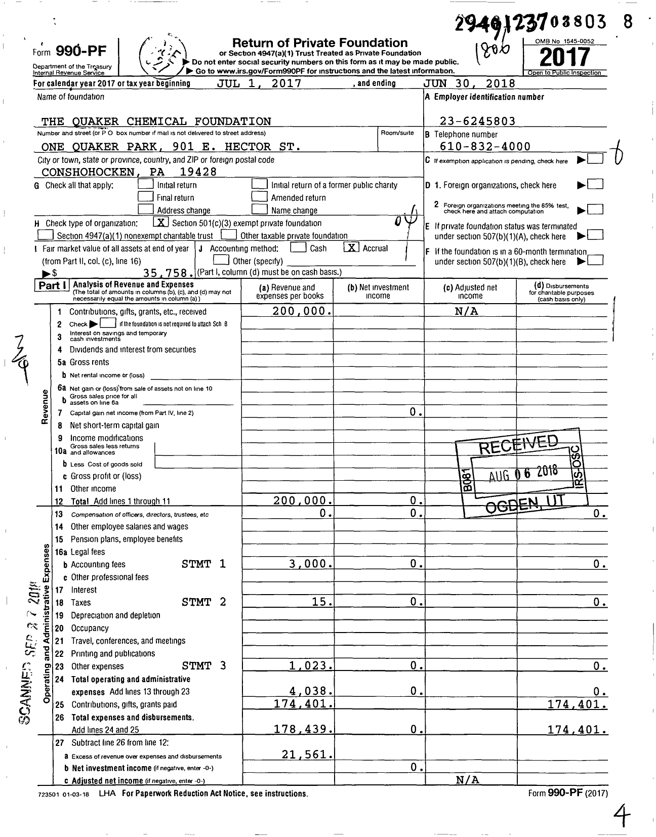 Image of first page of 2017 Form 990PF for The Quaker Houghton Foundation