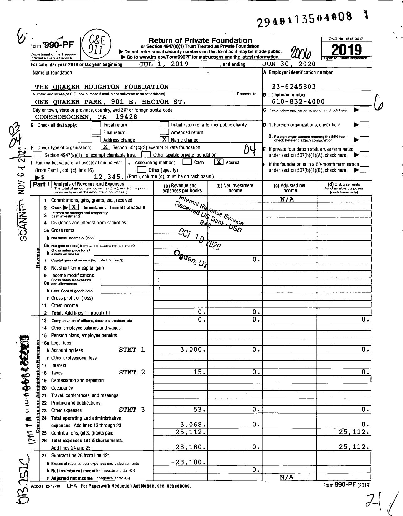 Image of first page of 2019 Form 990PF for The Quaker Houghton Foundation