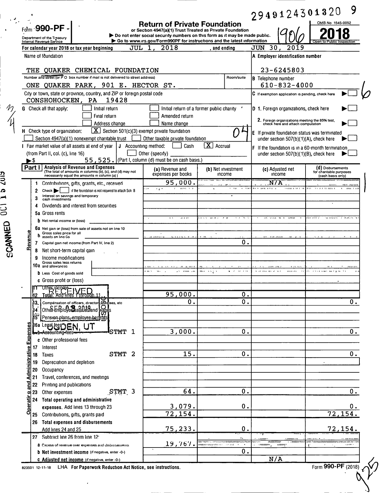 Image of first page of 2018 Form 990PF for The Quaker Houghton Foundation