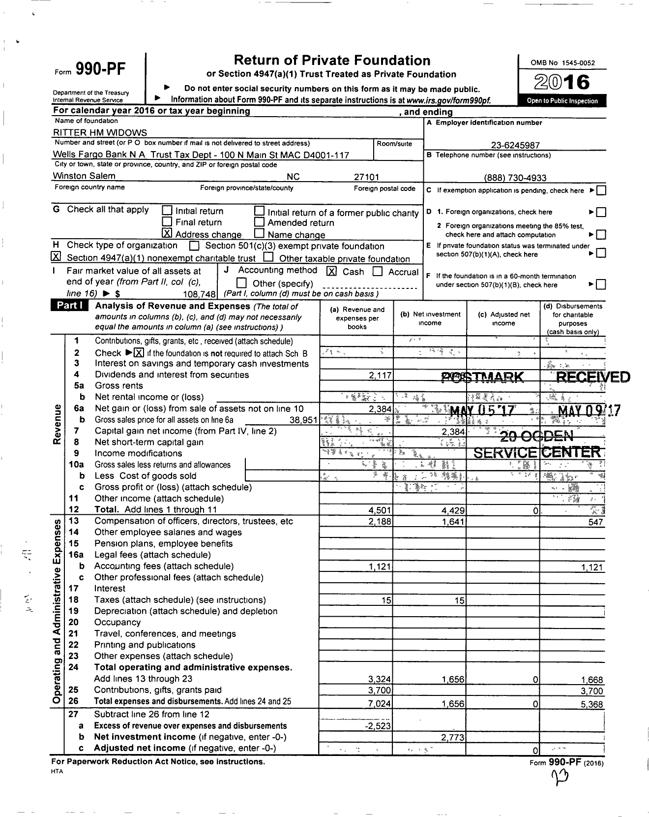 Image of first page of 2016 Form 990PF for Ritter HM Widows