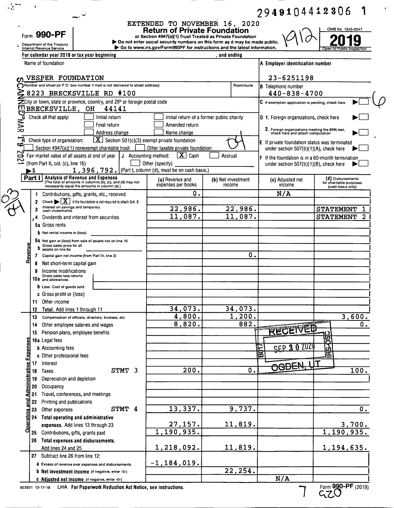 Image of first page of 2019 Form 990PF for Vesper Foundation