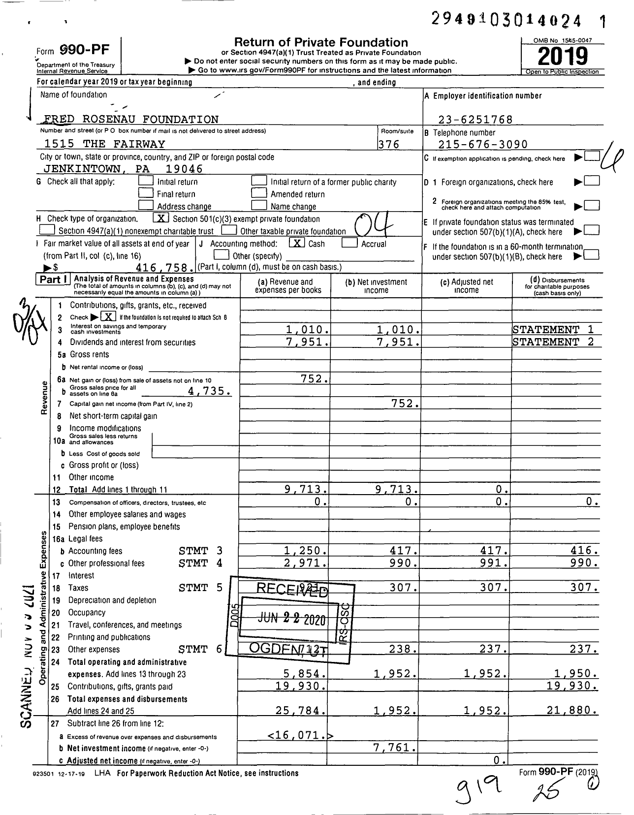 Image of first page of 2019 Form 990PF for Fred Rosenau Foundation