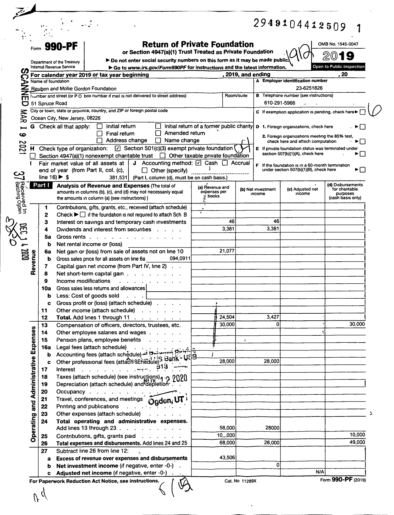 Image of first page of 2019 Form 990PF for Reuben and Mollie Gordon Foundation