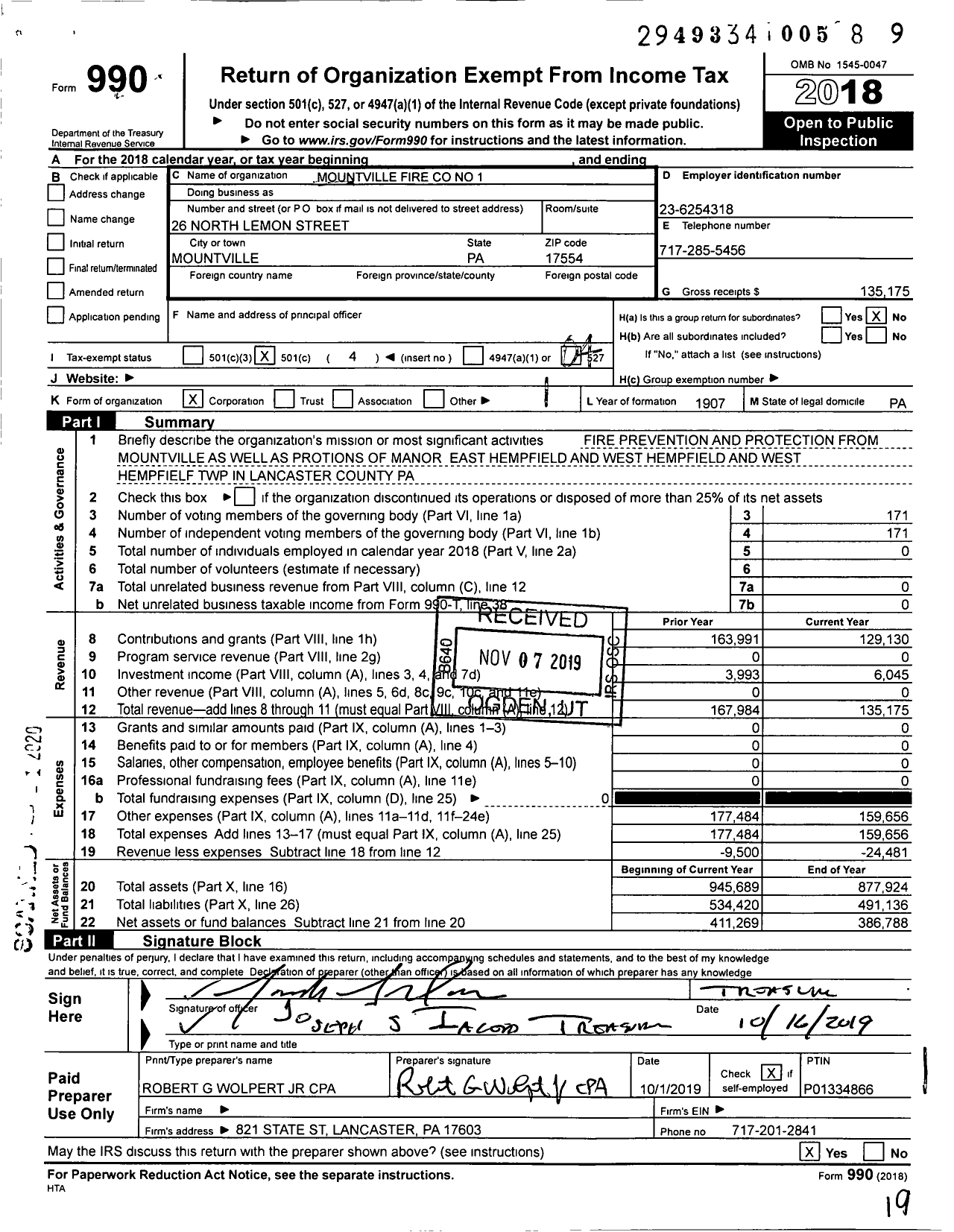 Image of first page of 2018 Form 990O for Mountville Fire No 1