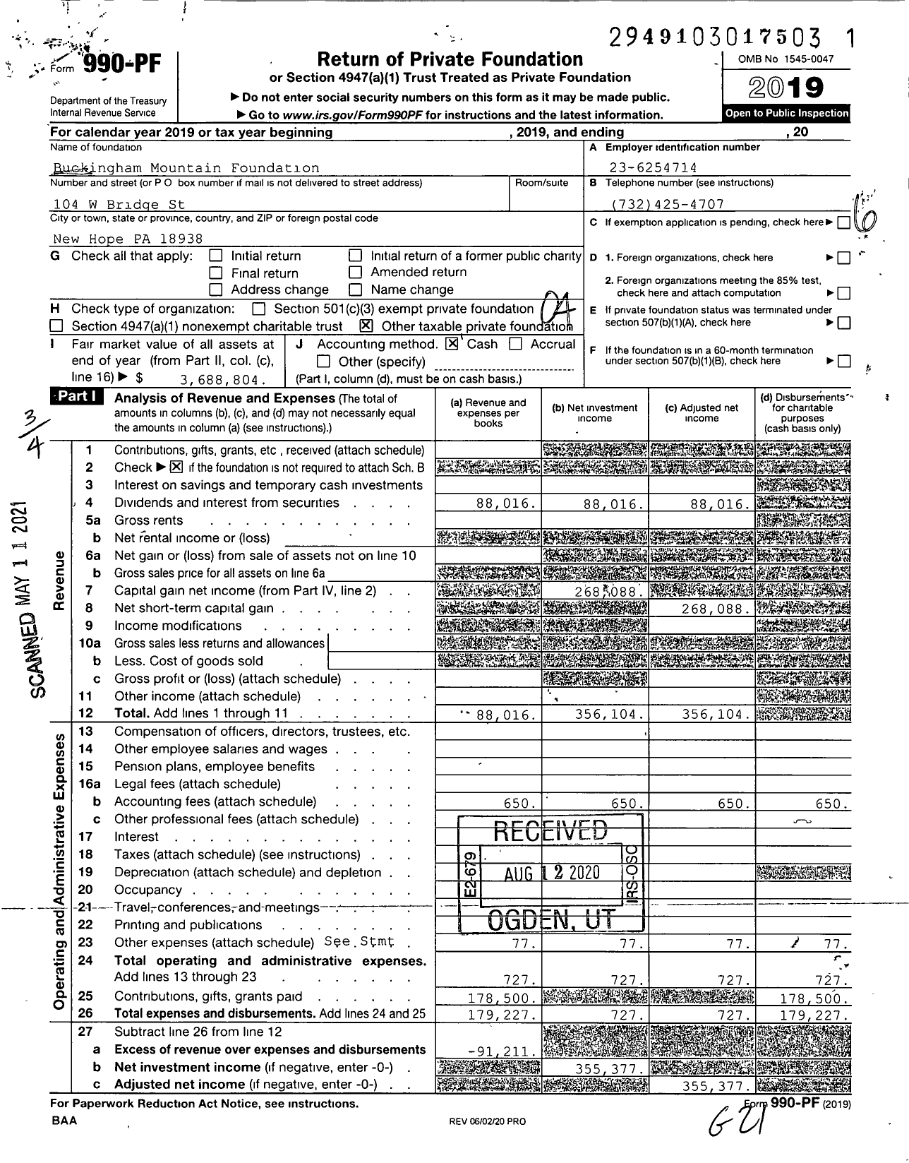 Image of first page of 2019 Form 990PF for Buckingham Mountain Foundation