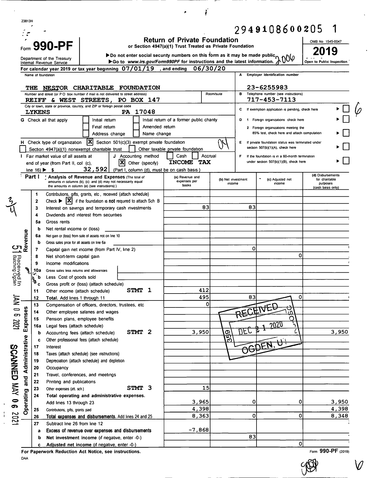 Image of first page of 2019 Form 990PF for The Nestor Charitable Foundation