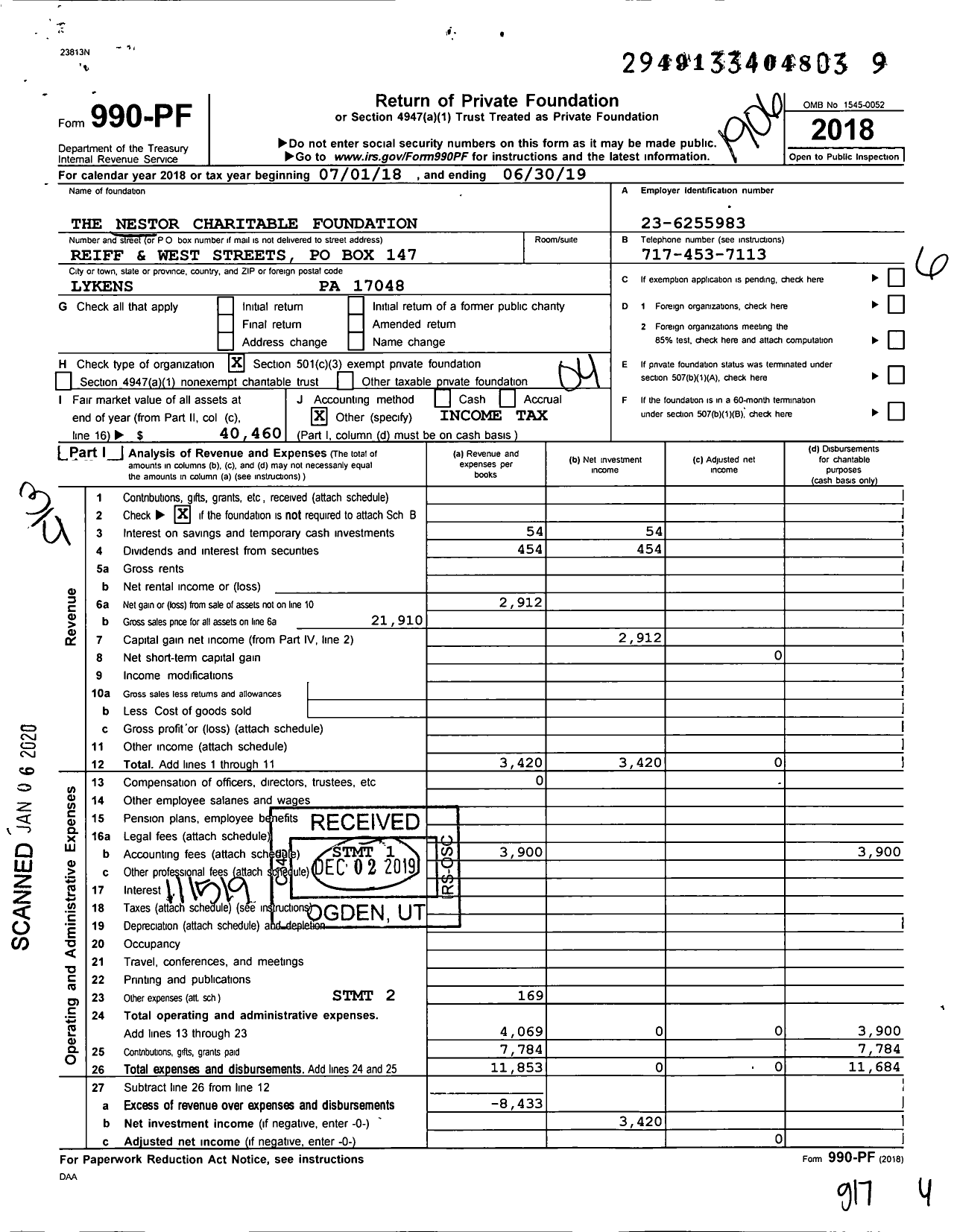 Image of first page of 2018 Form 990PF for The Nestor Charitable Foundation