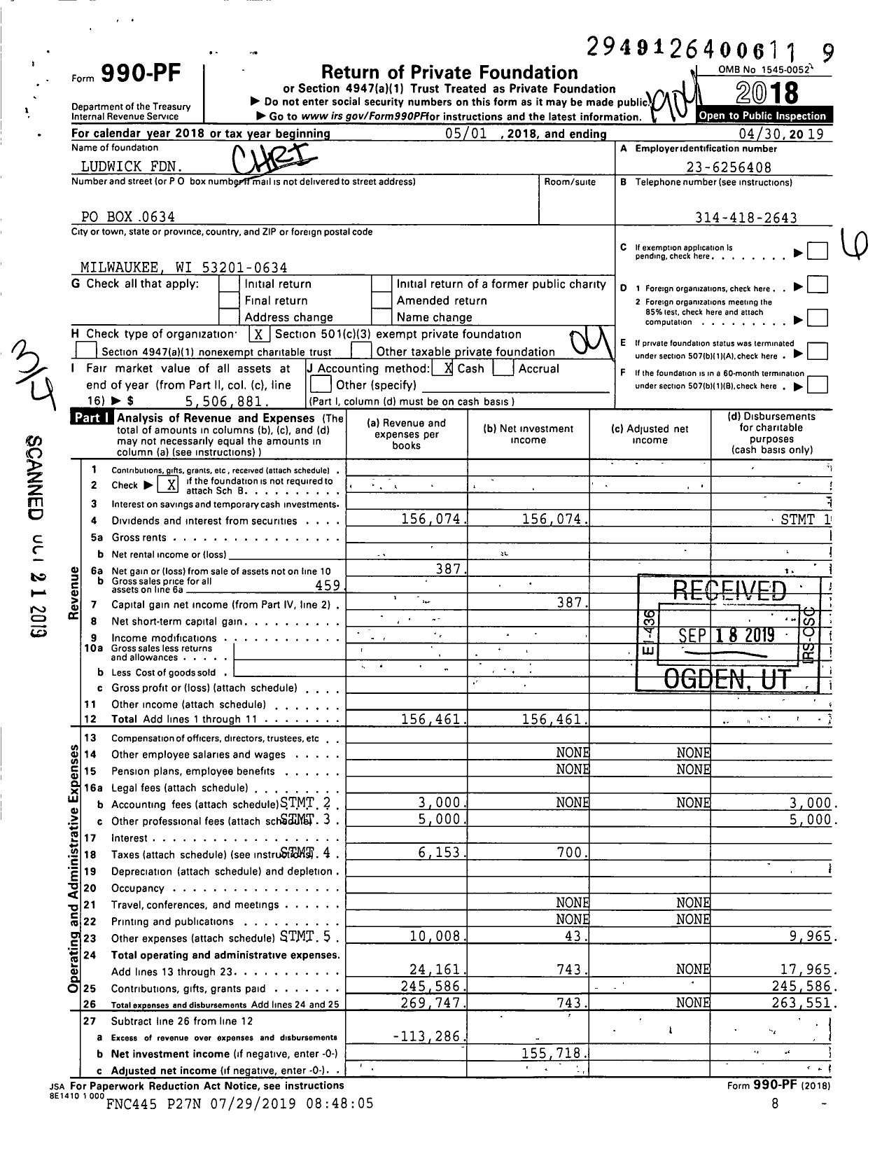 Image of first page of 2018 Form 990PF for Ludwick Foundation