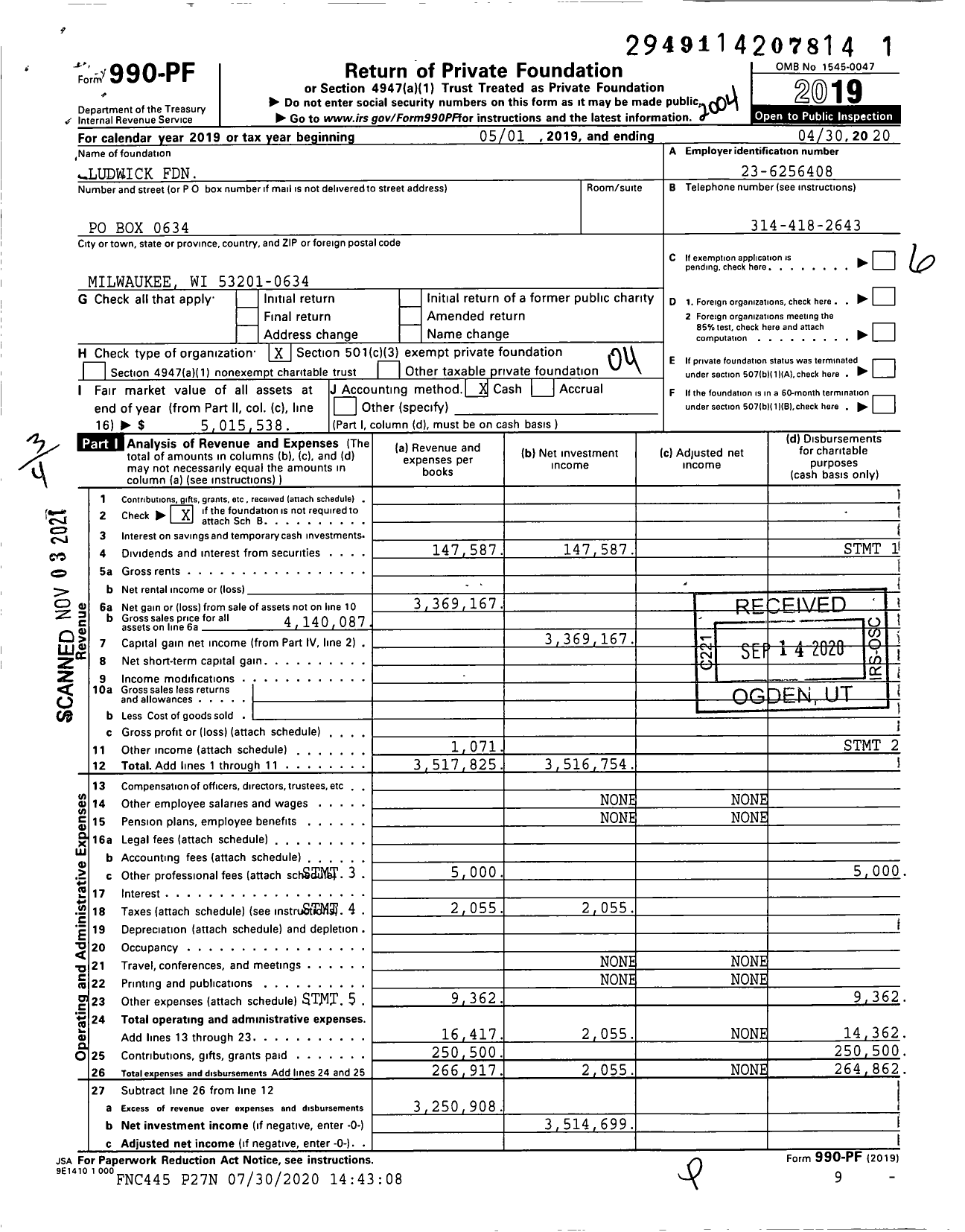 Image of first page of 2019 Form 990PF for Ludwick Foundation