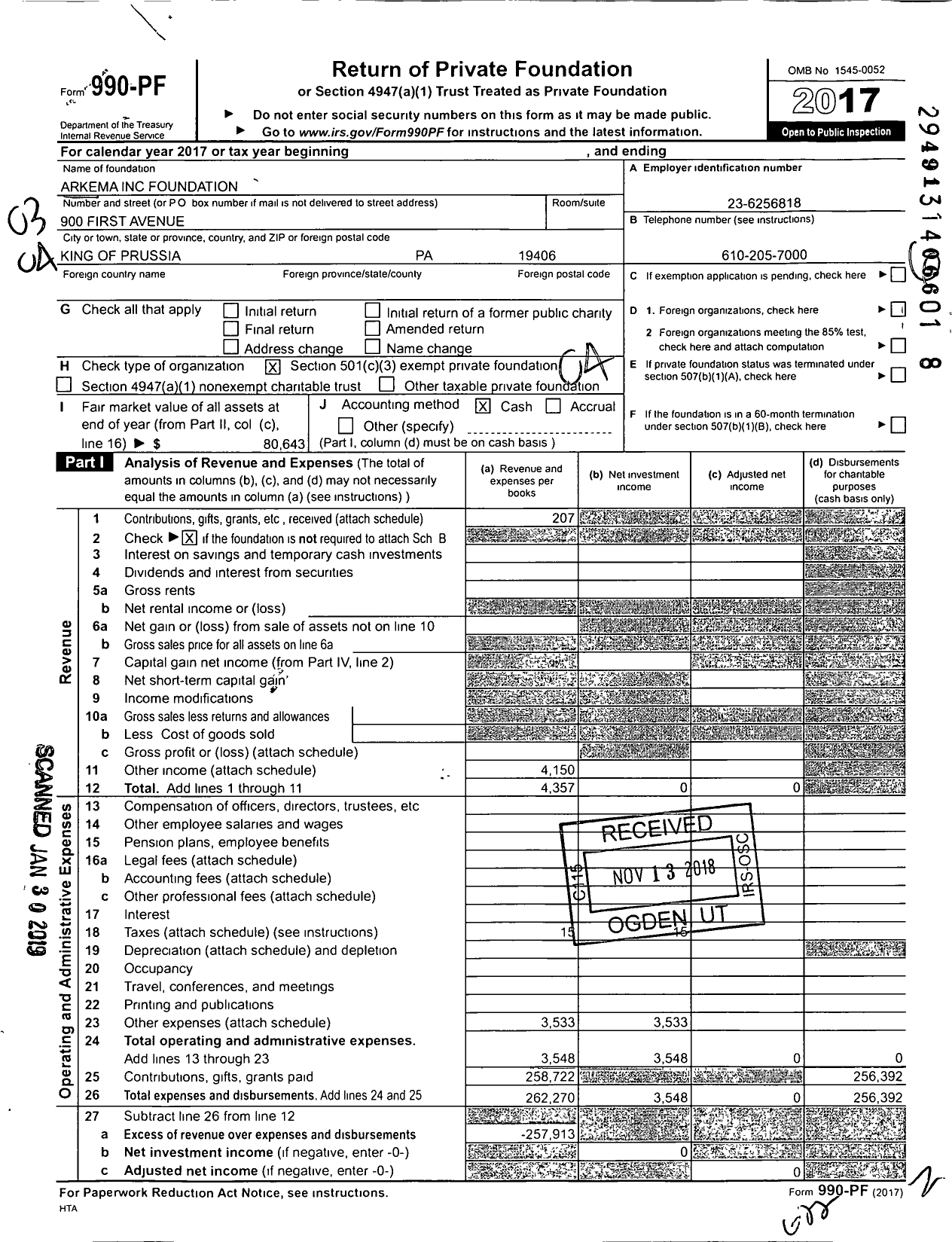 Image of first page of 2017 Form 990PF for Arkema Foundation