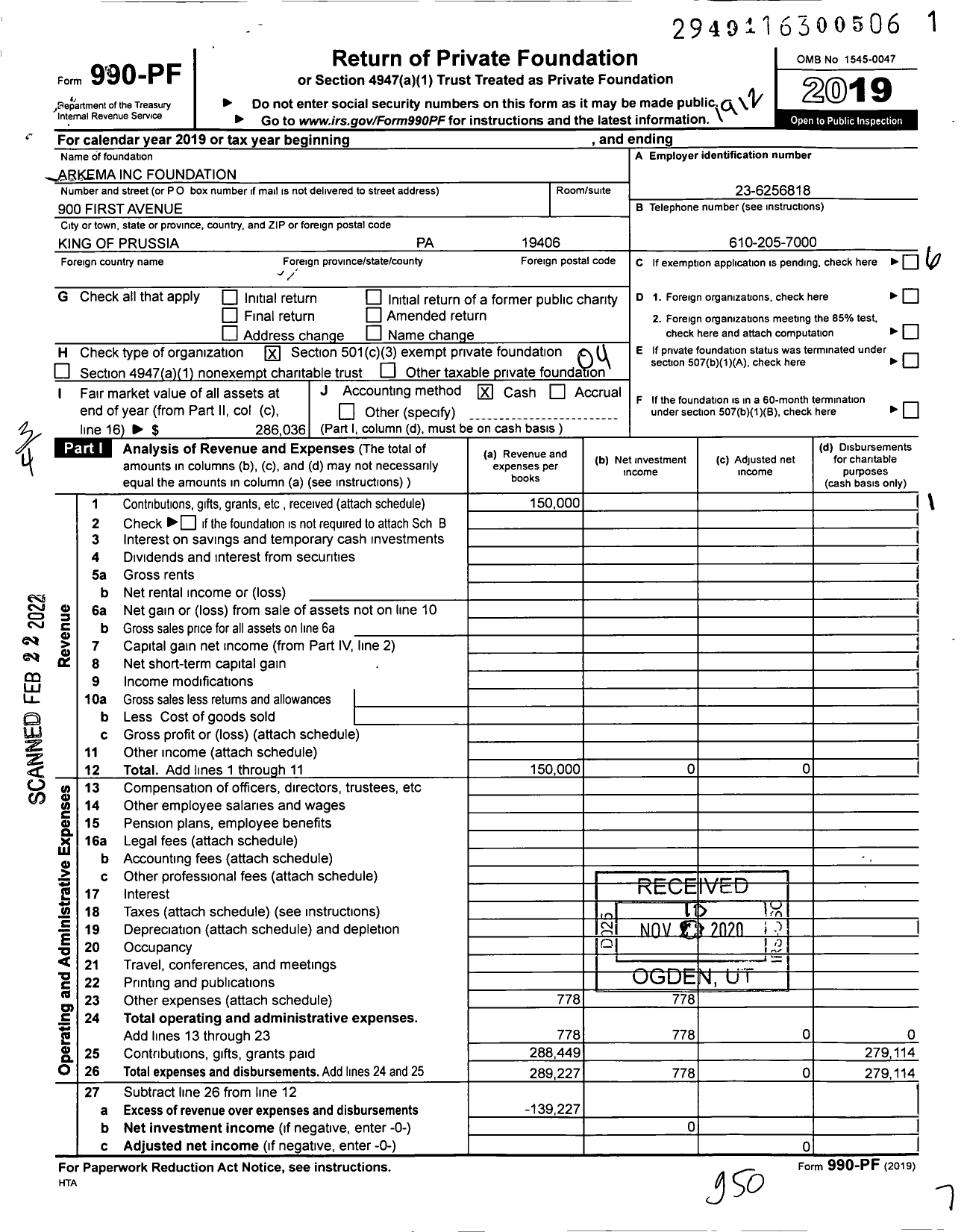 Image of first page of 2019 Form 990PF for Arkema Foundation
