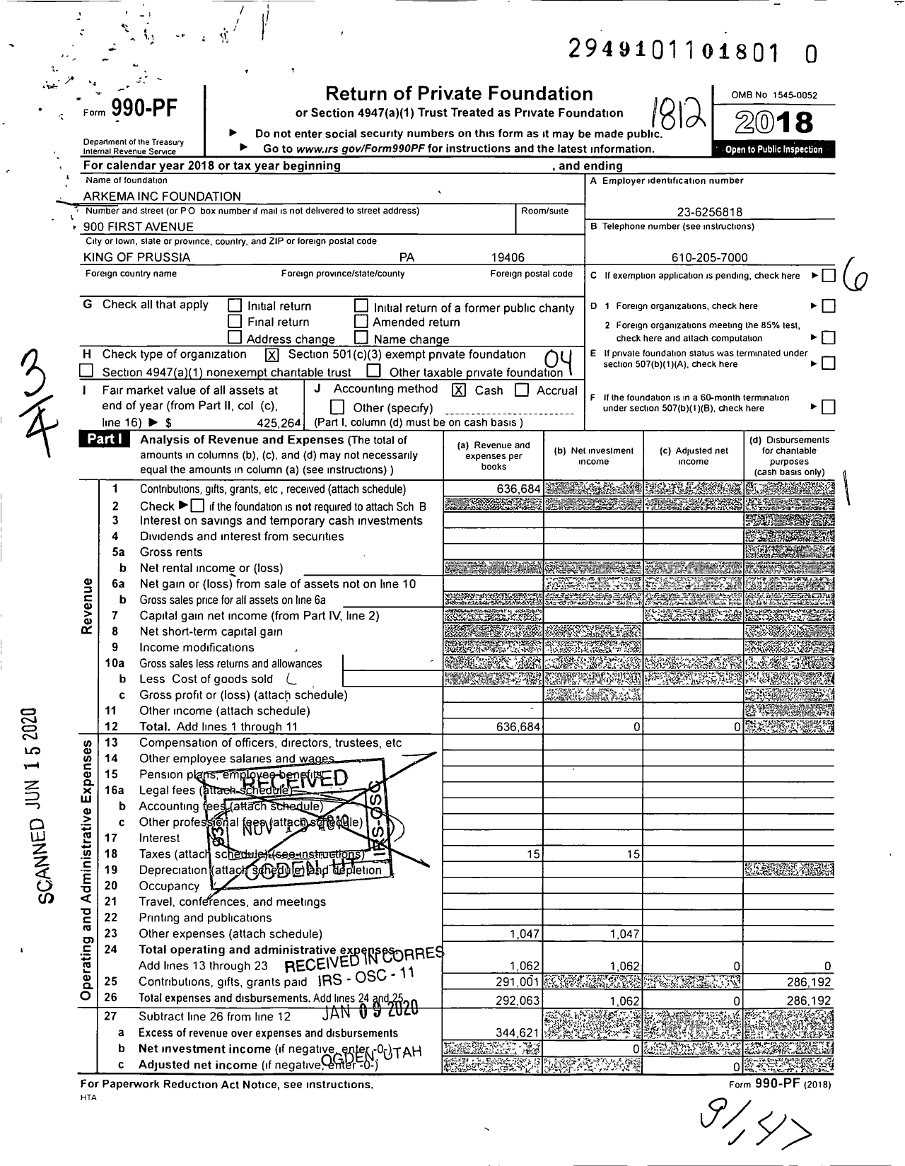 Image of first page of 2018 Form 990PR for Arkema Foundation
