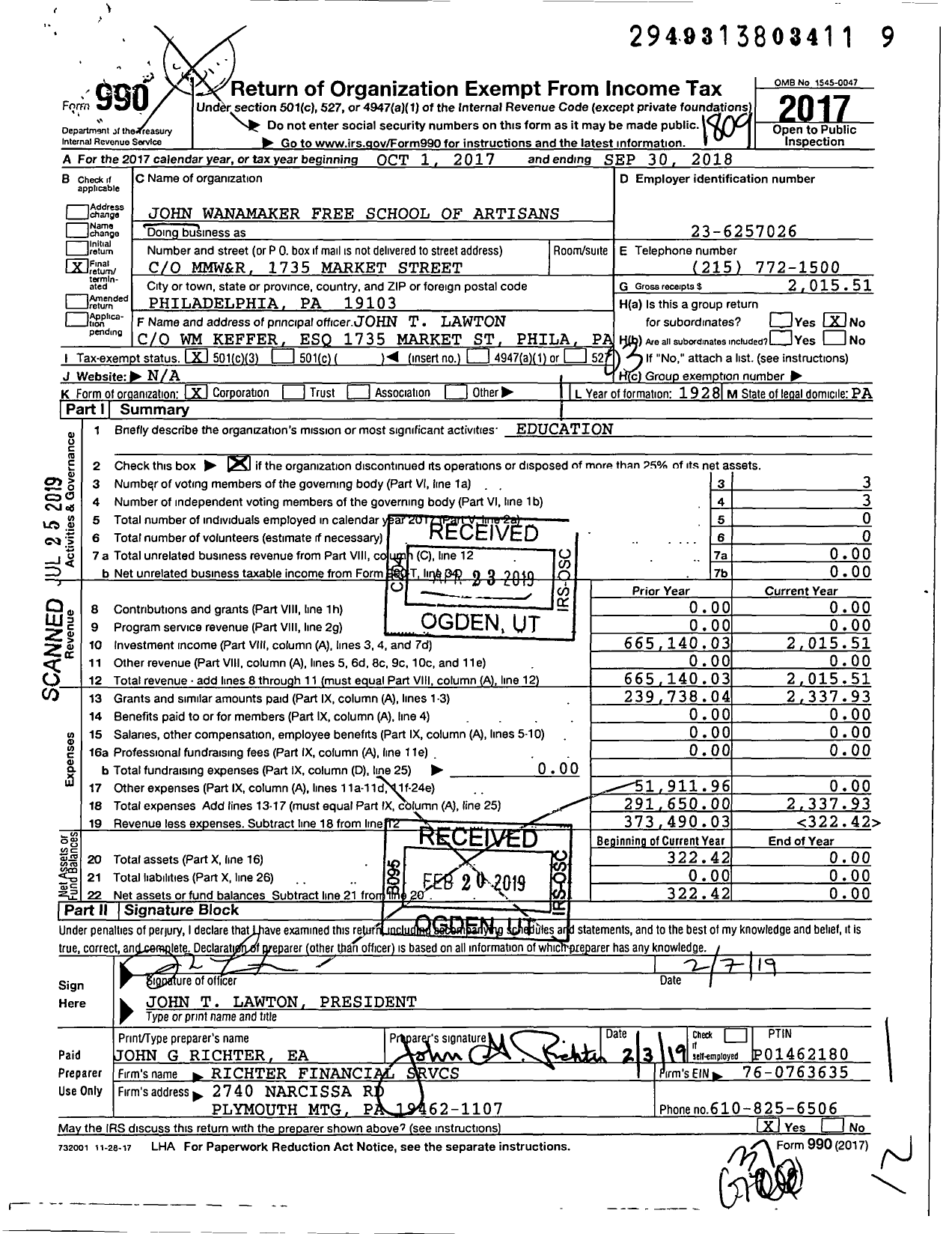 Image of first page of 2017 Form 990 for John Wanamaker Free School of Artisans