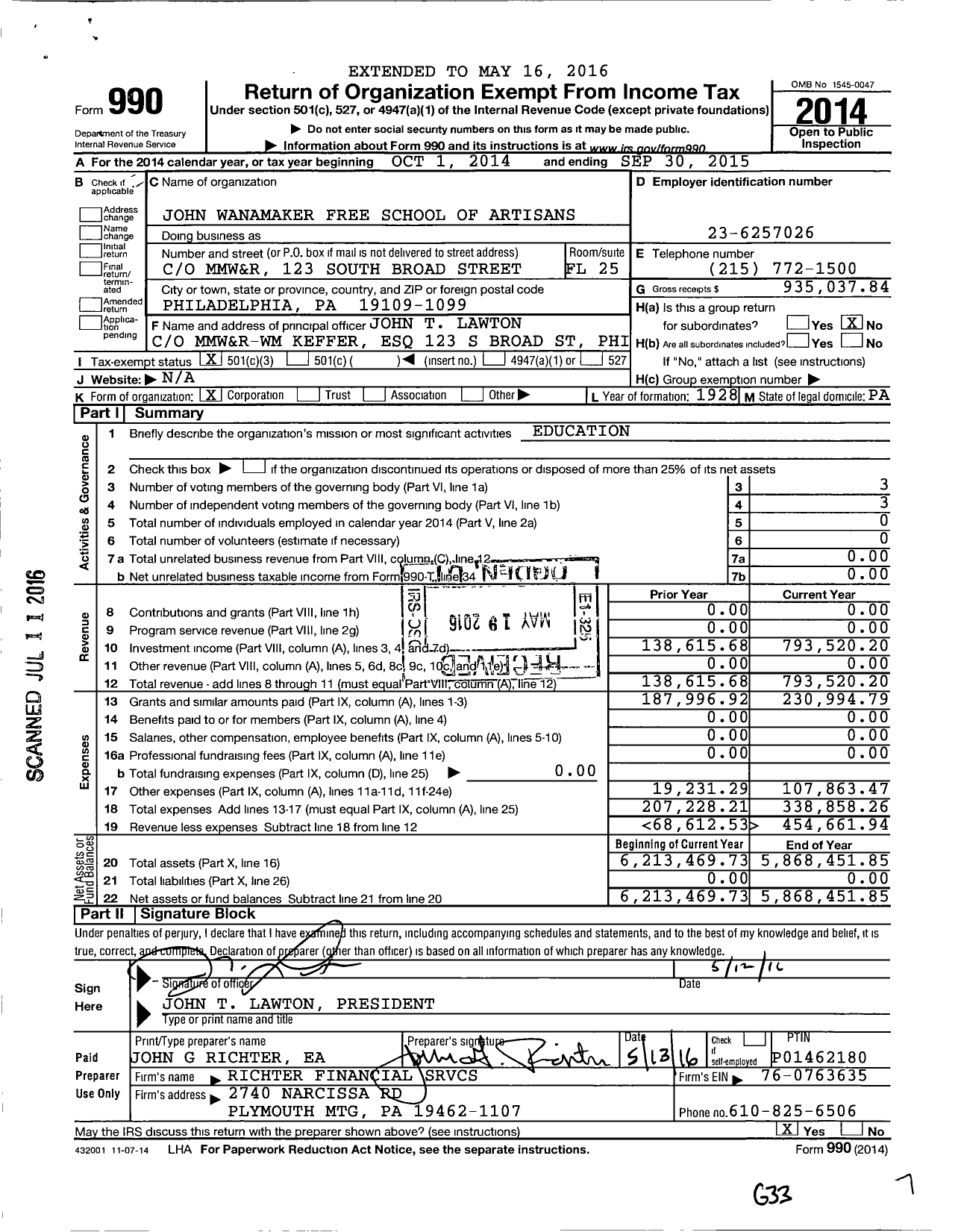 Image of first page of 2014 Form 990 for John Wanamaker Free School of Artisans