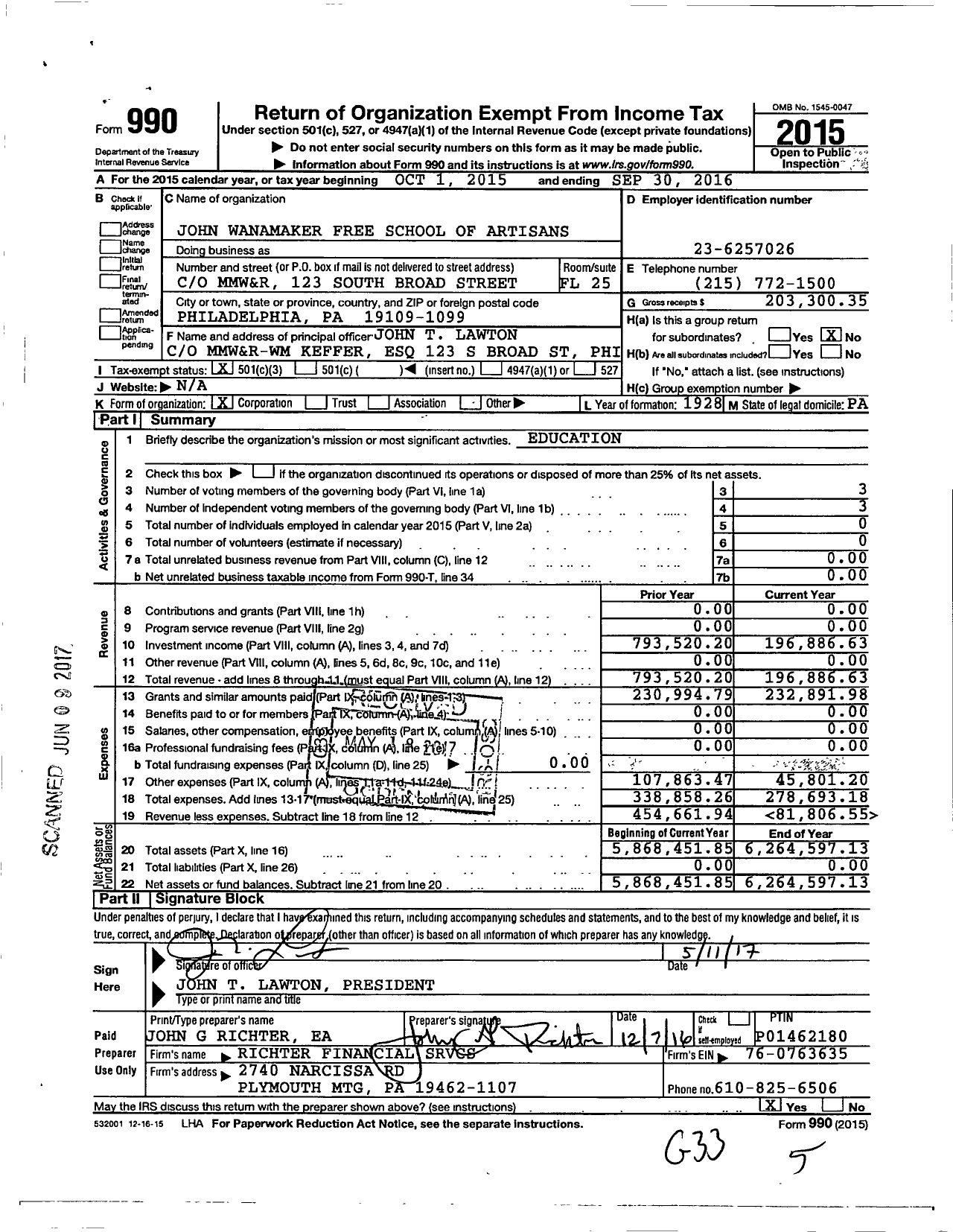 Image of first page of 2015 Form 990 for John Wanamaker Free School of Artisans