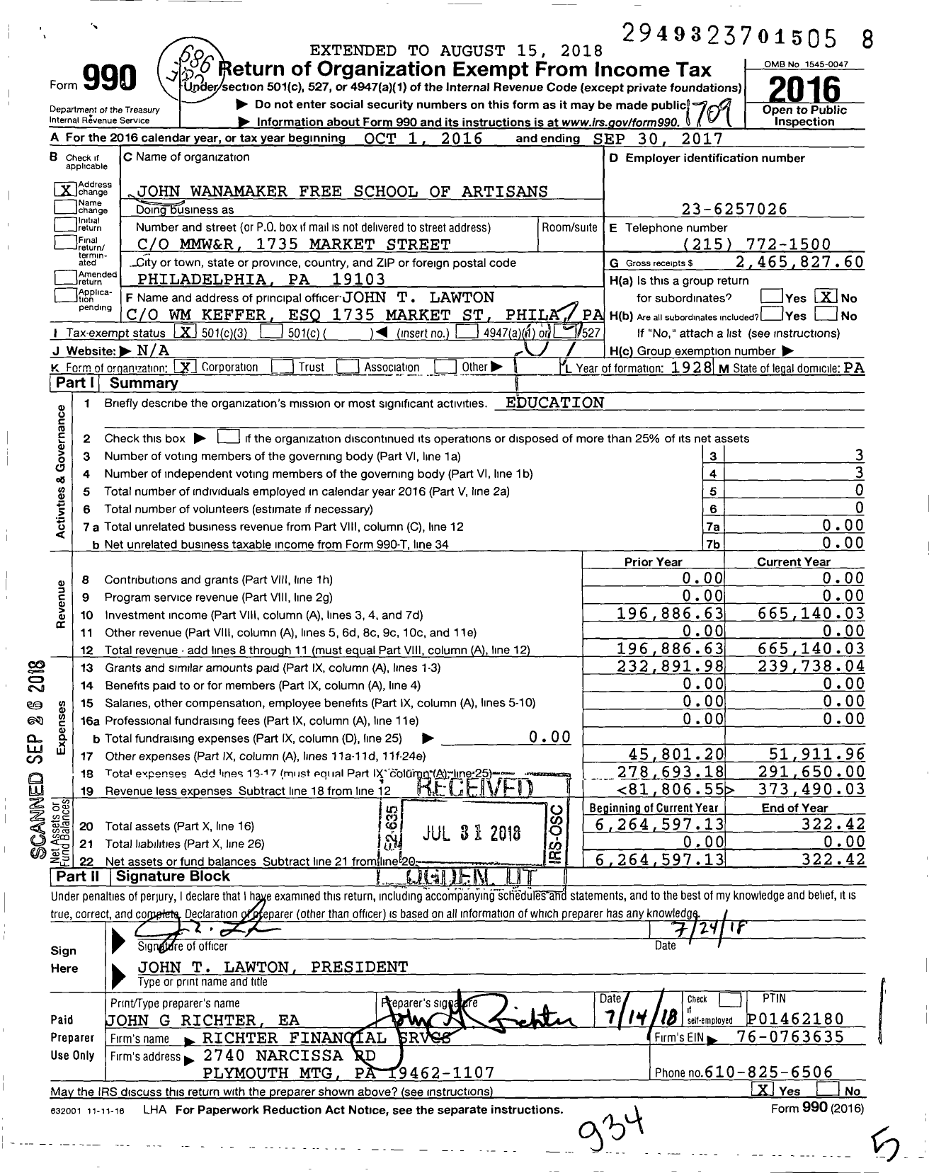 Image of first page of 2016 Form 990 for John Wanamaker Free School of Artisans