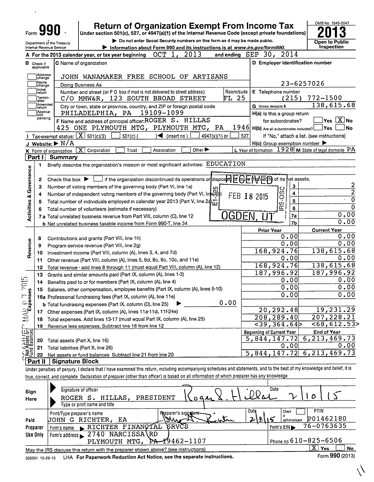 Image of first page of 2013 Form 990 for John Wanamaker Free School of Artisans