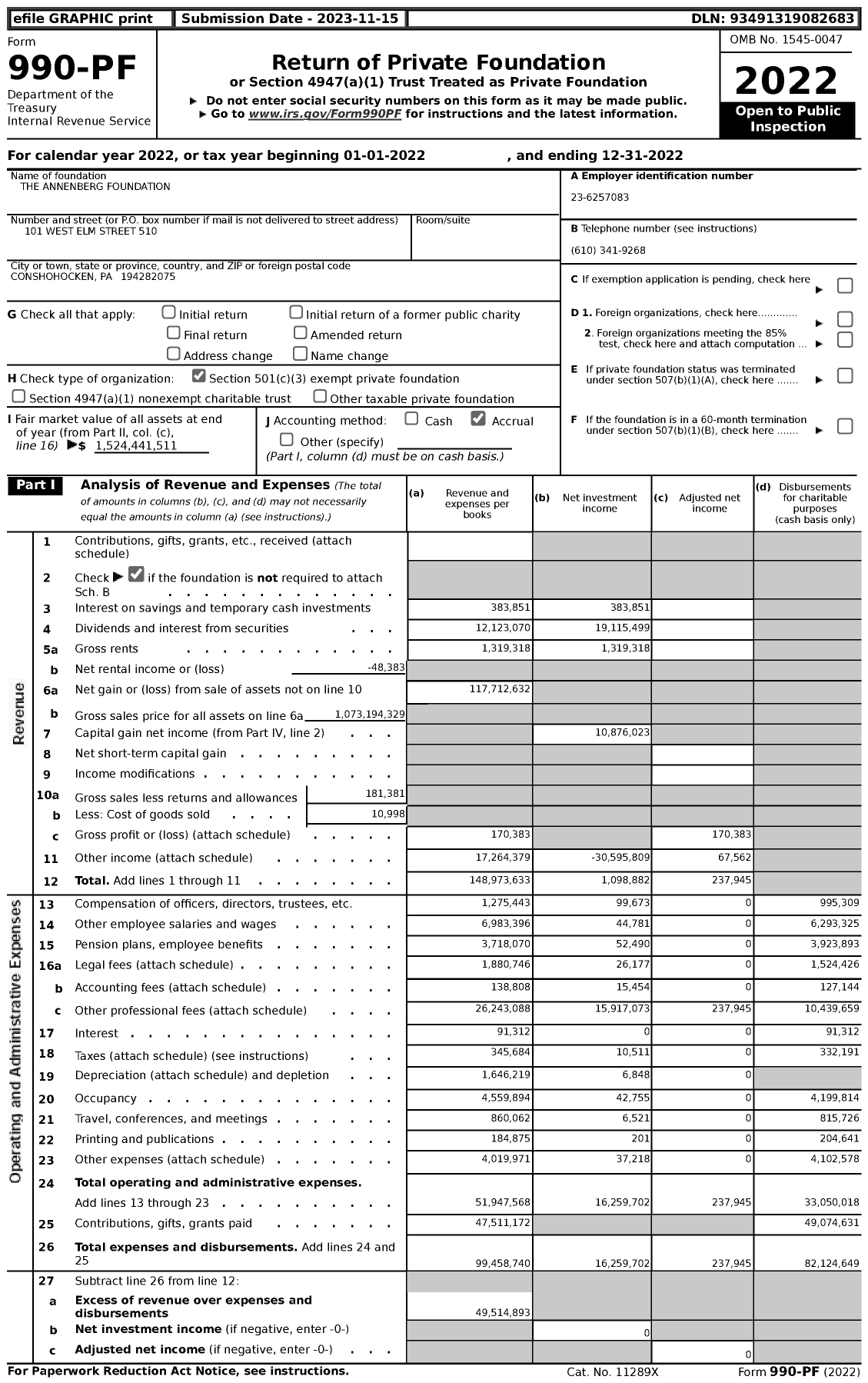 Image of first page of 2022 Form 990PF for Annenberg Foundation