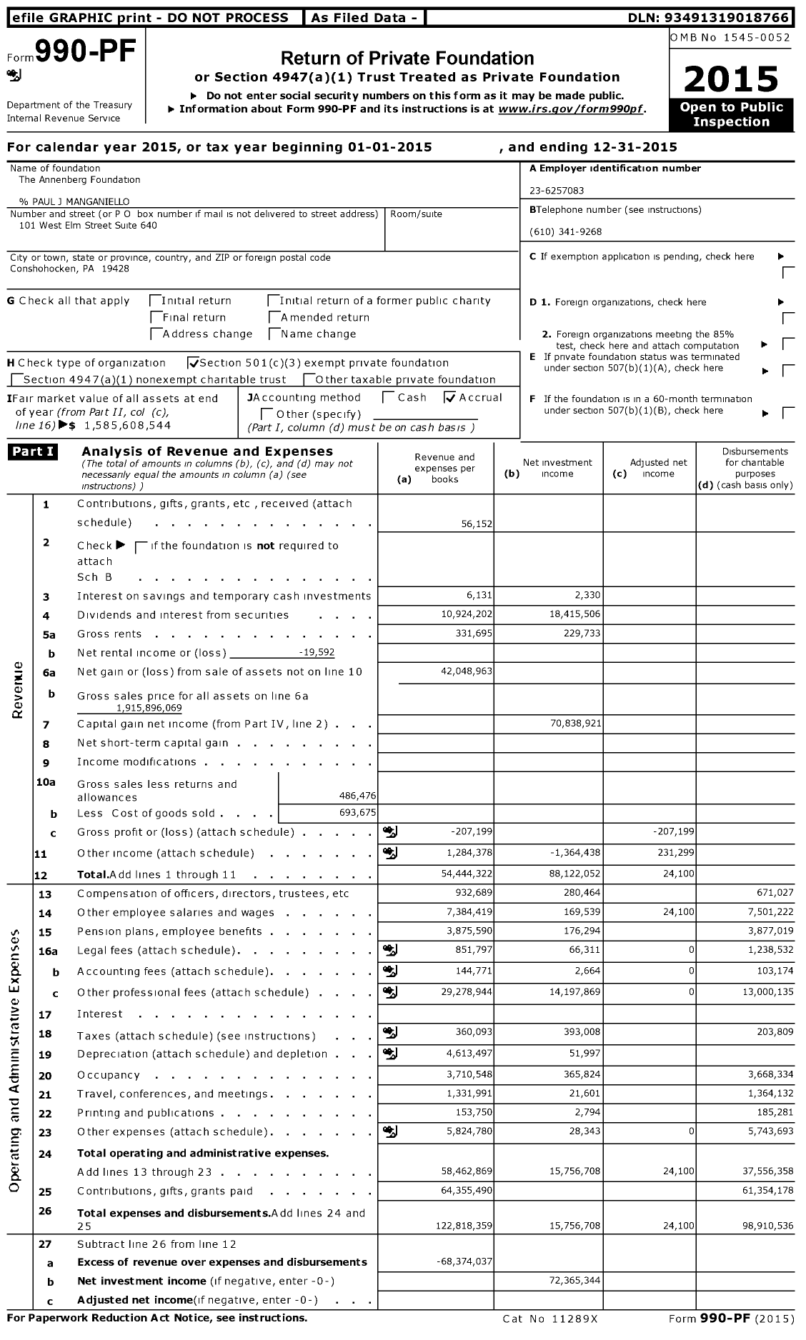 Image of first page of 2015 Form 990PF for Annenberg Foundation