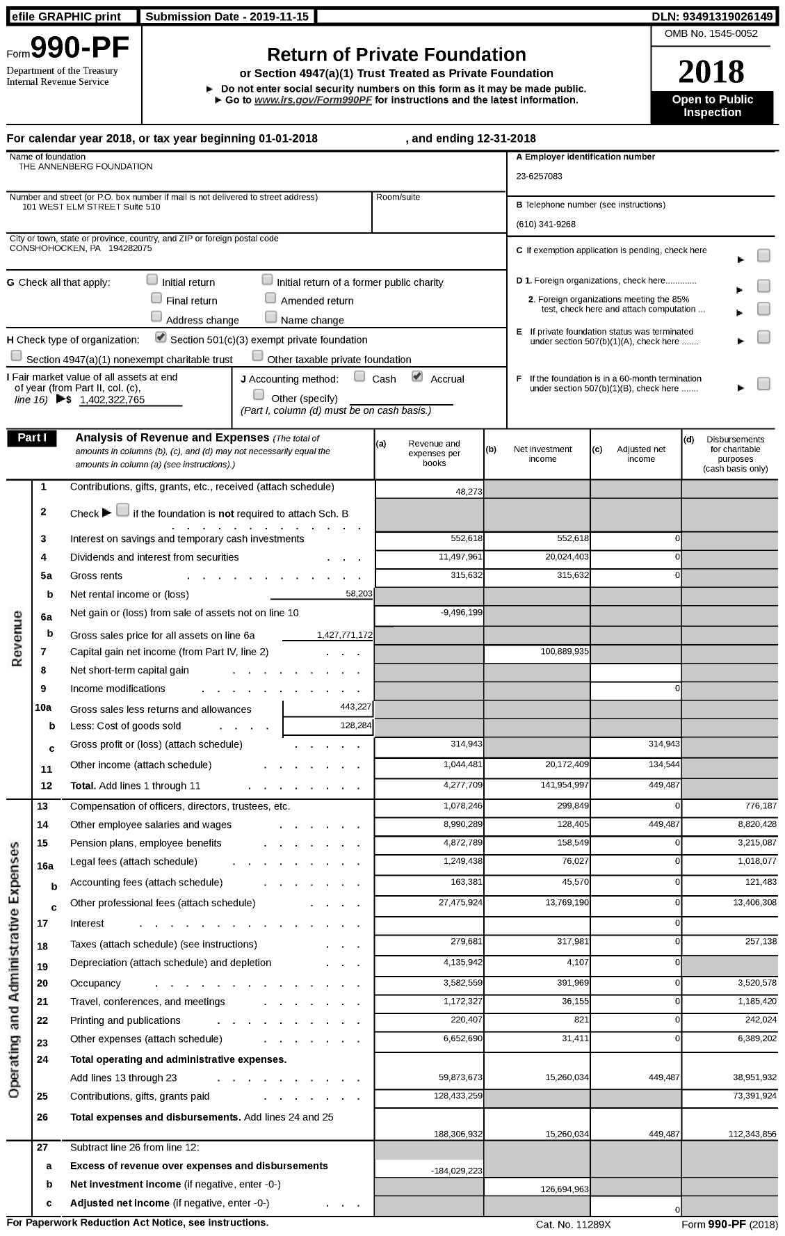 Image of first page of 2018 Form 990PF for Annenberg Foundation