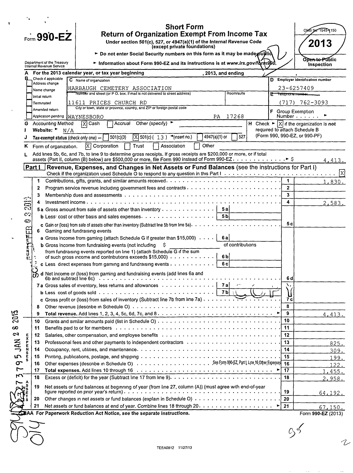 Image of first page of 2013 Form 990EO for Harbaugh Cemetery Association