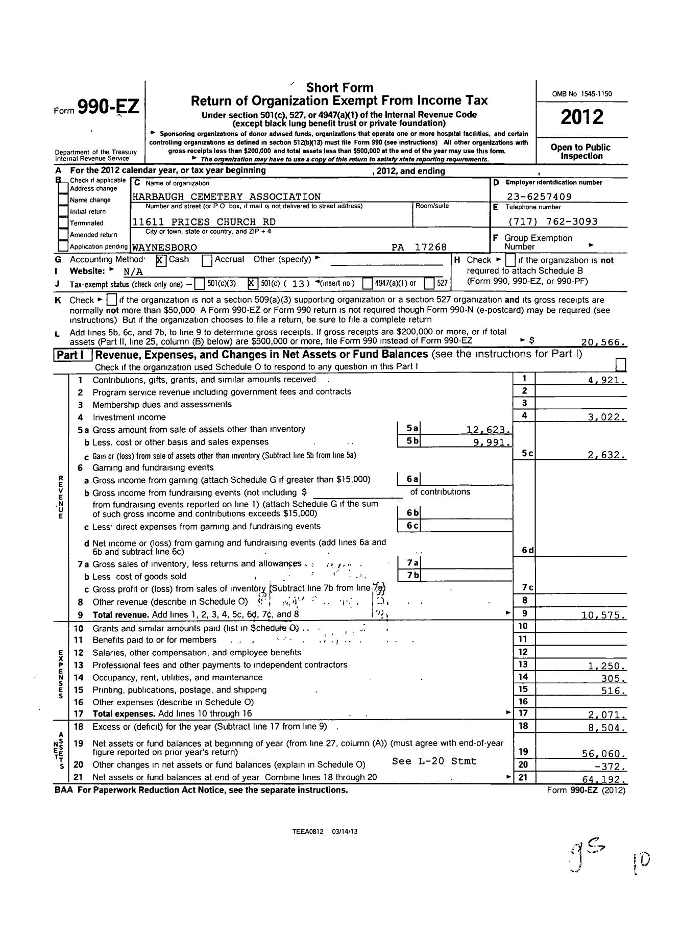 Image of first page of 2012 Form 990EO for Harbaugh Cemetery Association