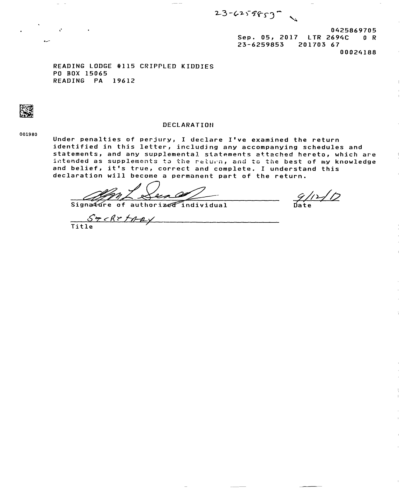 Image of first page of 2016 Form 990R for Elks Crippled Kiddie Fund of Reading Lodge No 115 BPOE