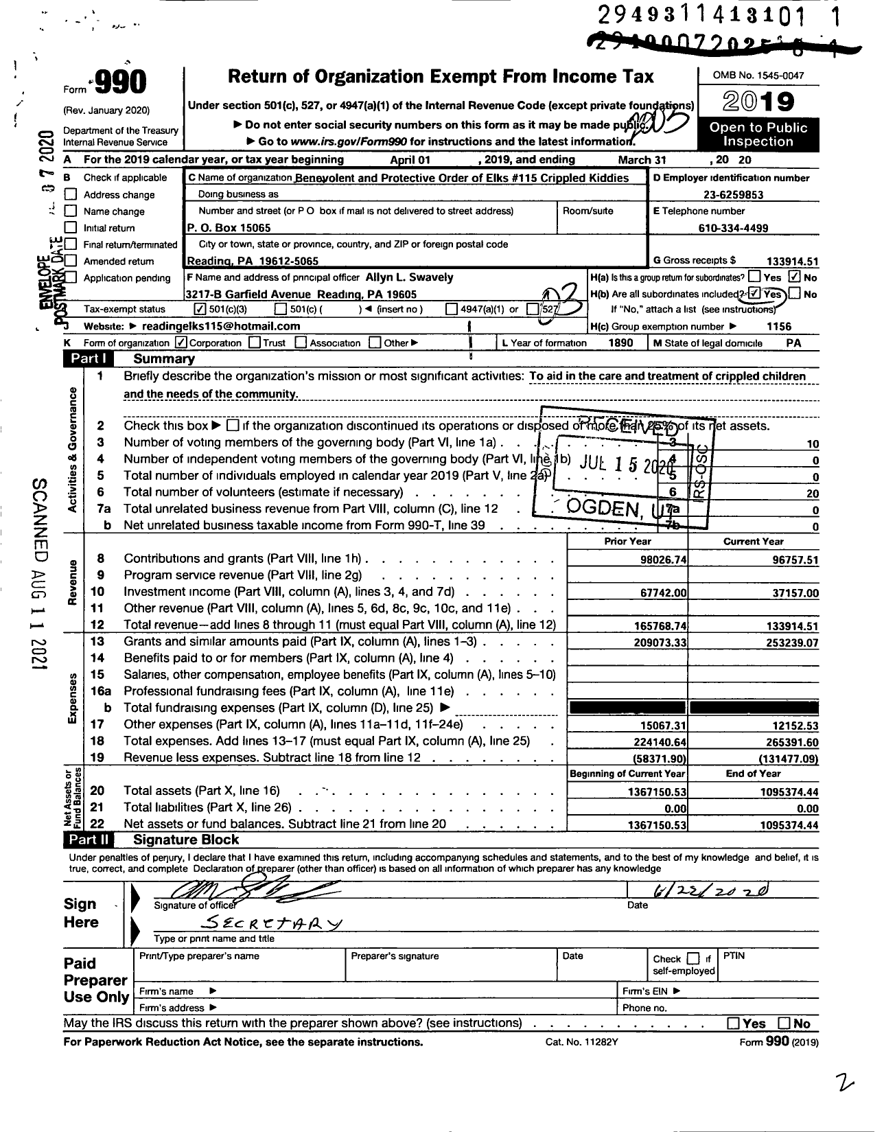 Image of first page of 2019 Form 990 for Elks Crippled Kiddie Fund of Reading Lodge No 115 BPOE