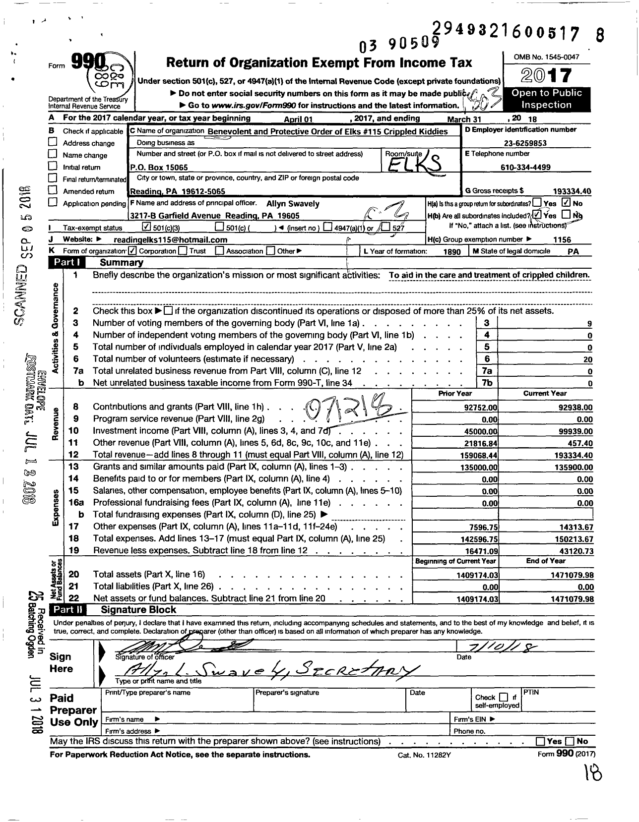 Image of first page of 2017 Form 990 for Elks Crippled Kiddie Fund of Reading Lodge No 115 BPOE