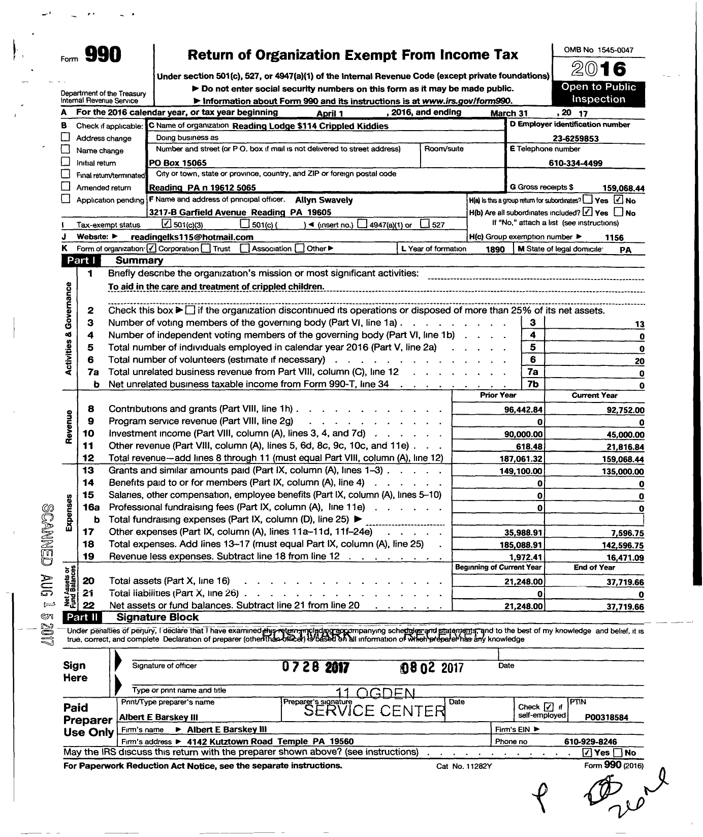 Image of first page of 2016 Form 990 for Elks Crippled Kiddie Fund of Reading Lodge No 115 BPOE