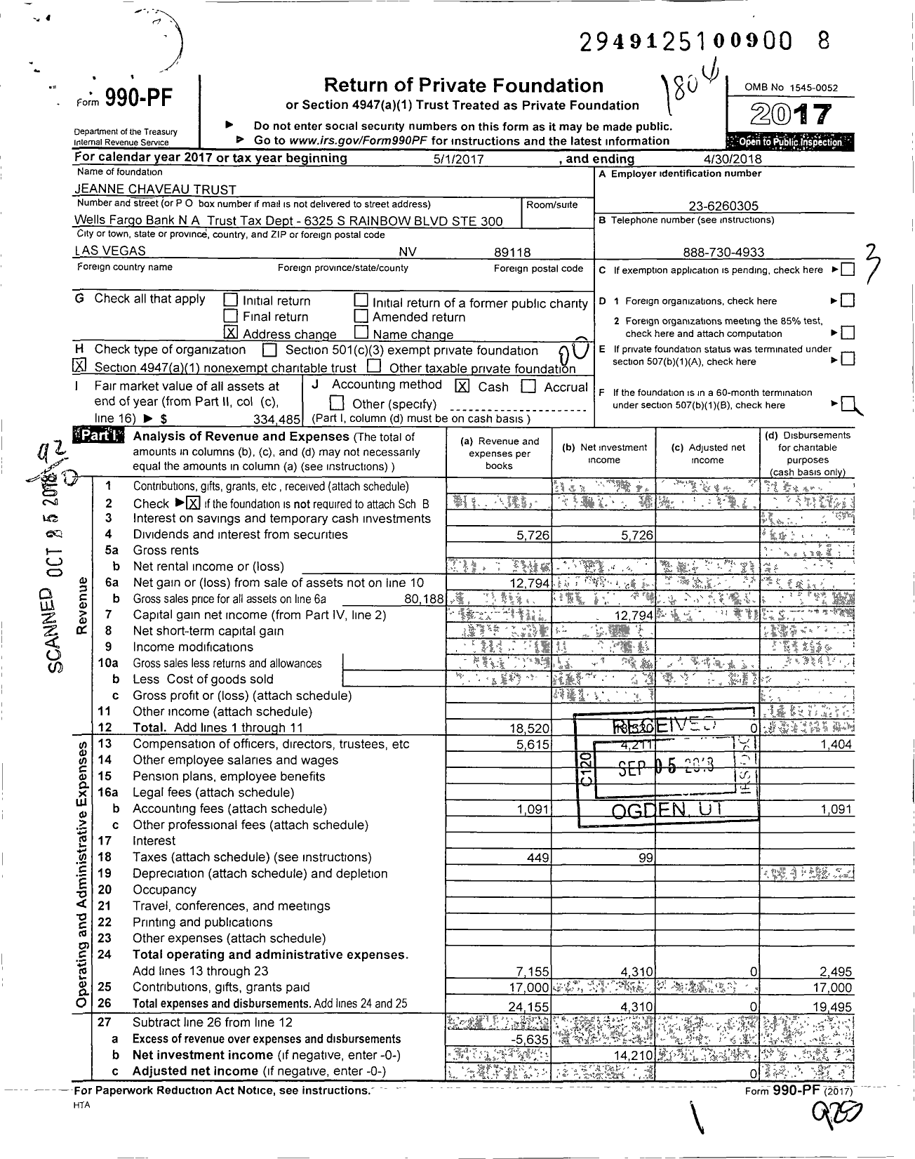 Image of first page of 2017 Form 990PF for Jeanne Chauveau Trust