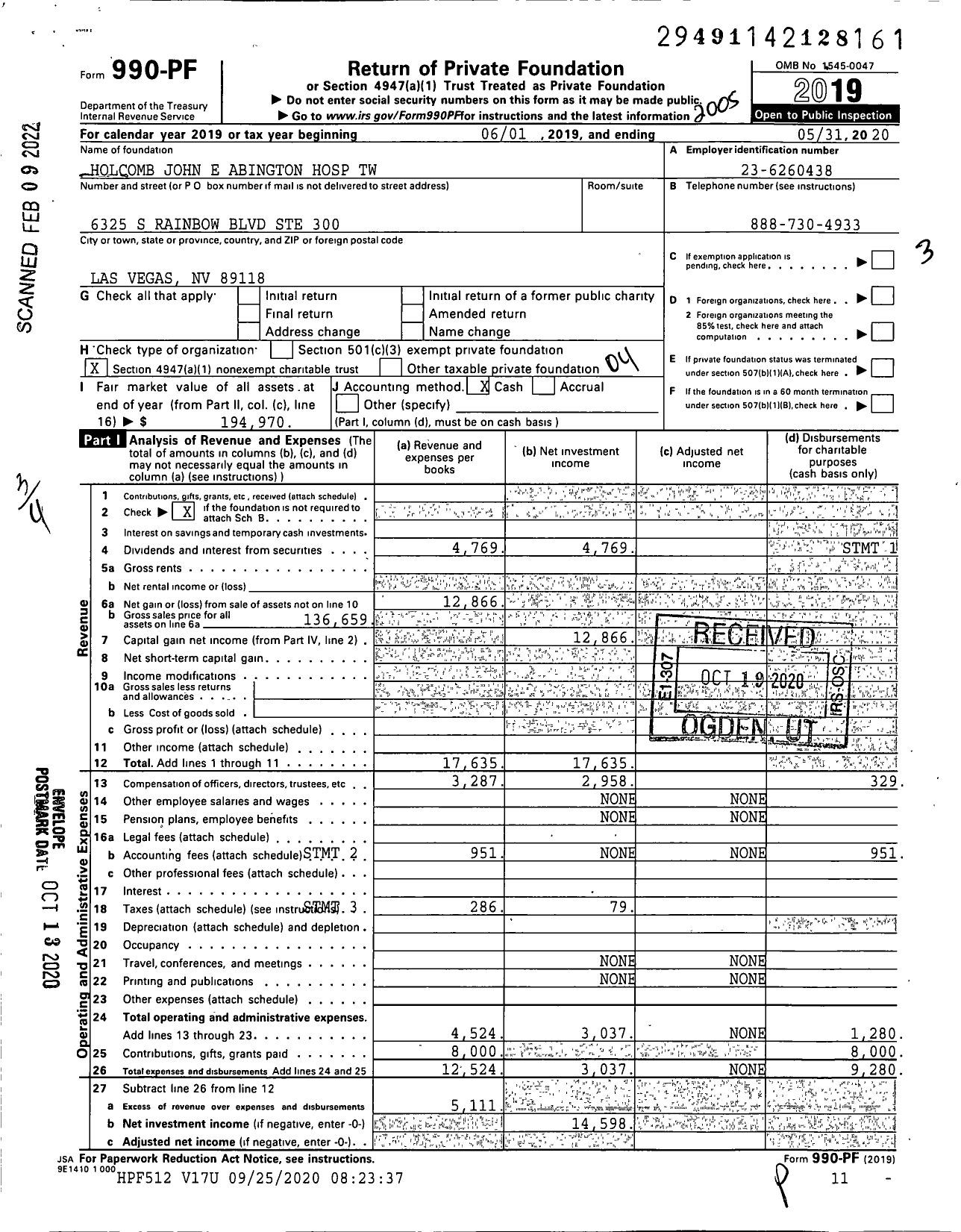 Image of first page of 2019 Form 990PF for Holcomb John E Abington Hospital TW