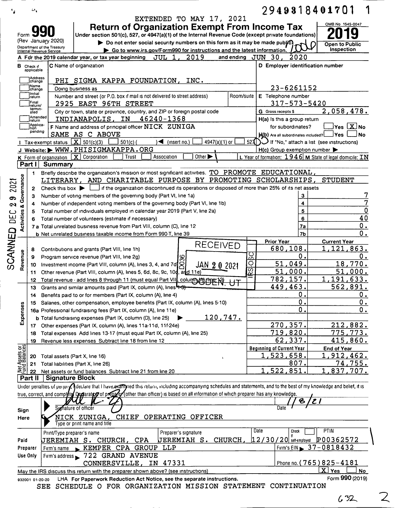 Image of first page of 2019 Form 990 for Phi Sigma Kappa Foundation