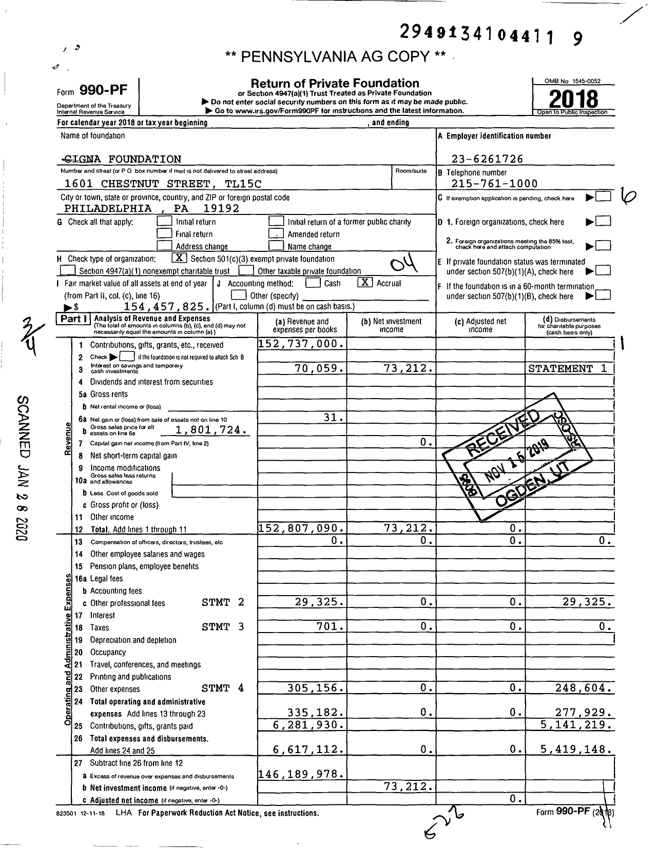 Image of first page of 2018 Form 990PF for Cigna