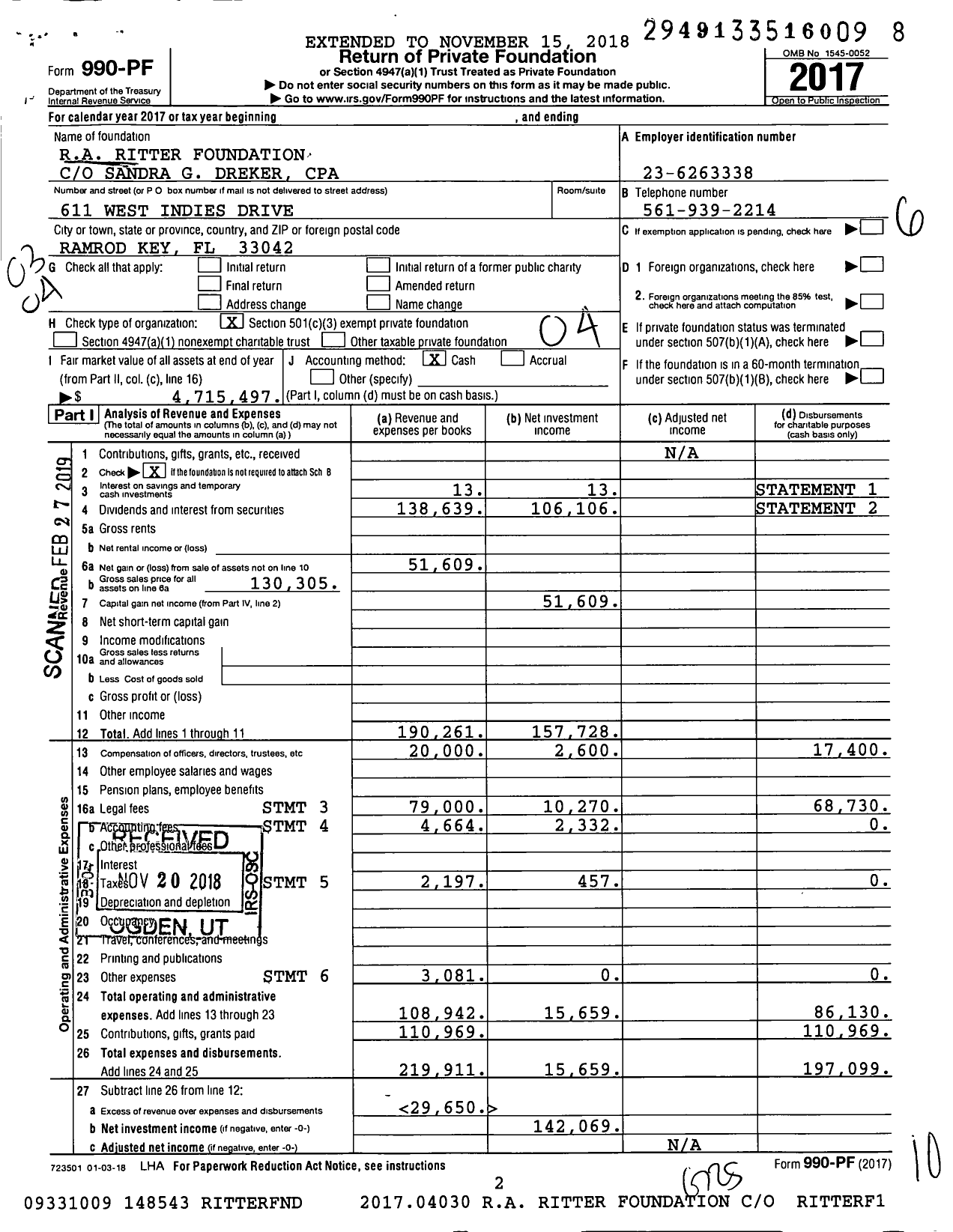 Image of first page of 2017 Form 990PF for Ra Ritter Foundation