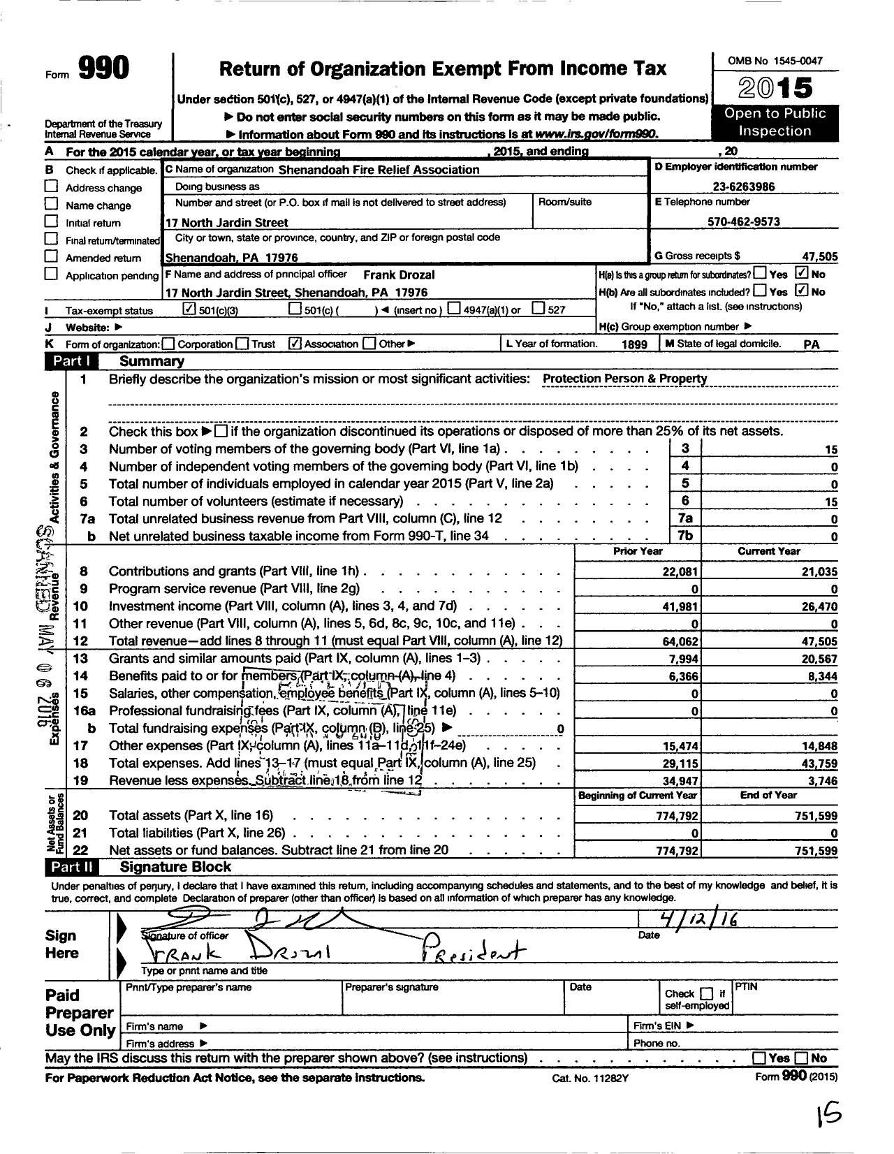 Image of first page of 2015 Form 990 for Shenandoah Firemens Relief Association