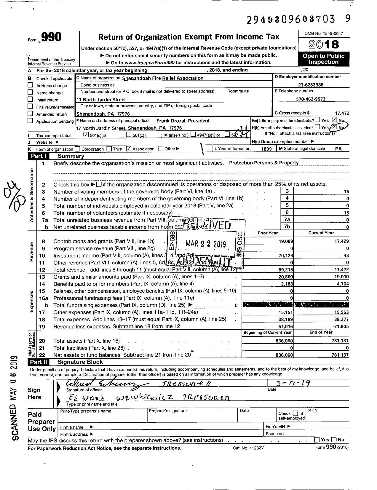 Image of first page of 2018 Form 990O for Shenandoah Firemens Relief Association