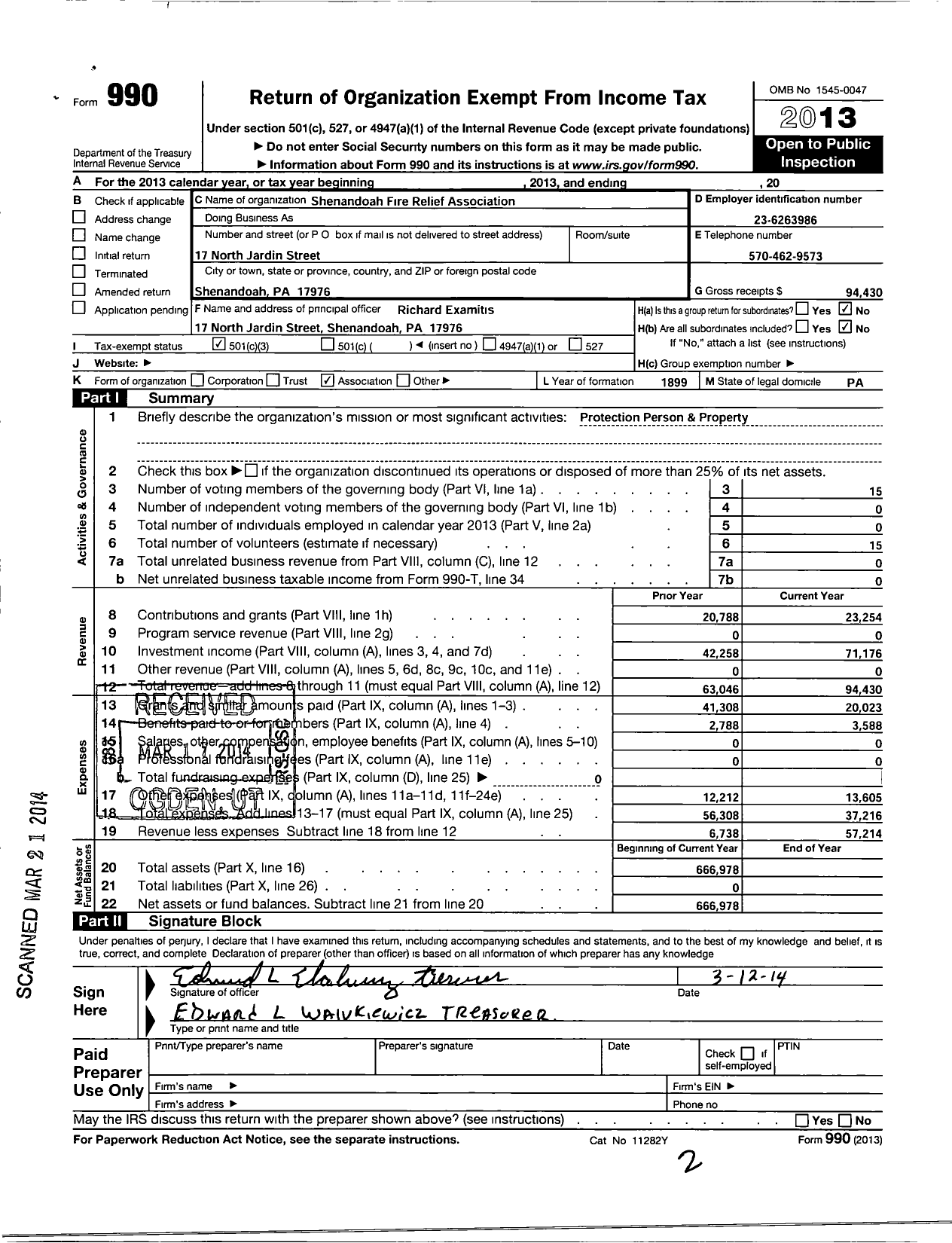 Image of first page of 2013 Form 990 for Shenandoah Firemens Relief Association