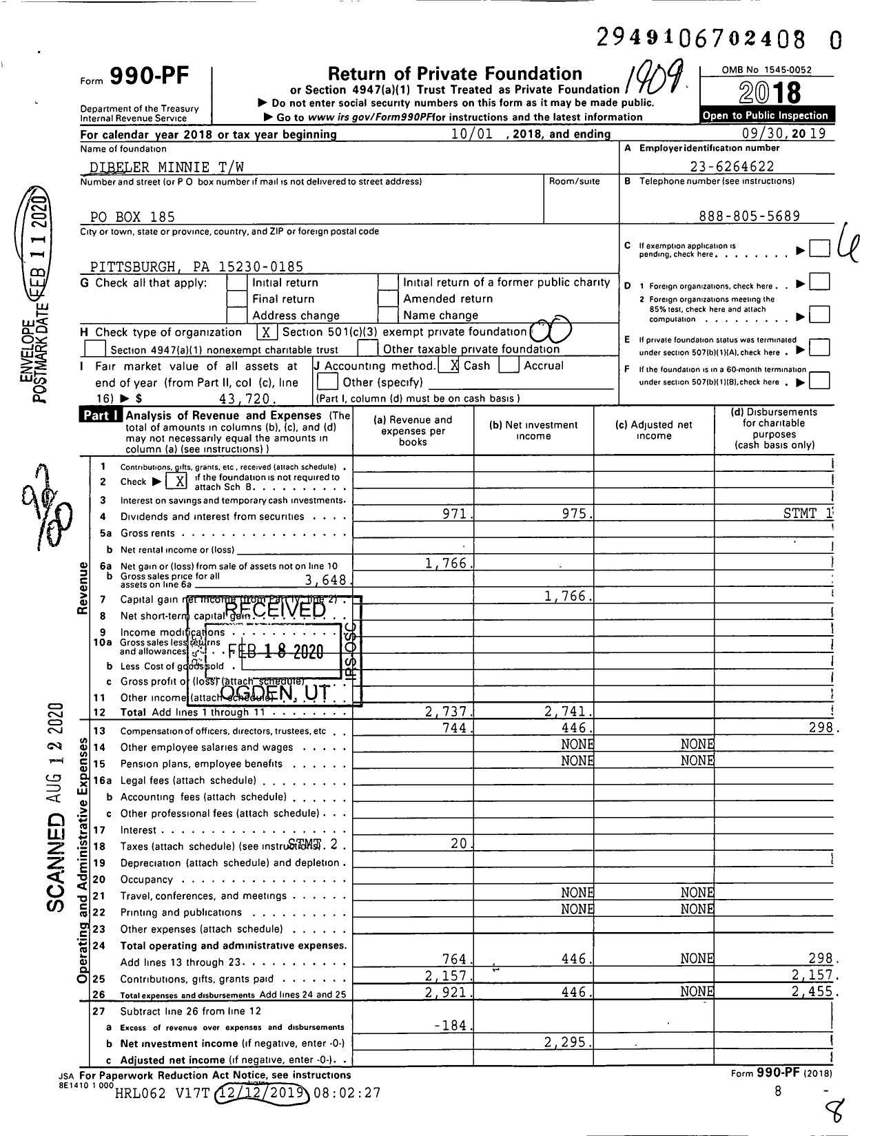 Image of first page of 2018 Form 990PR for Dibeler Minnie TW