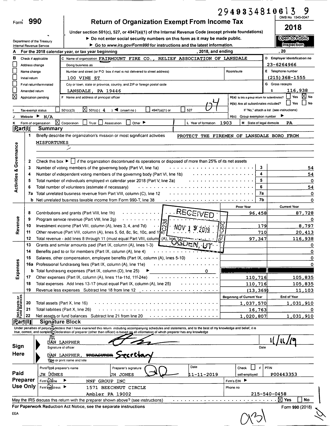 Image of first page of 2018 Form 990O for Fairmount Fire Relief Association of Lansdale